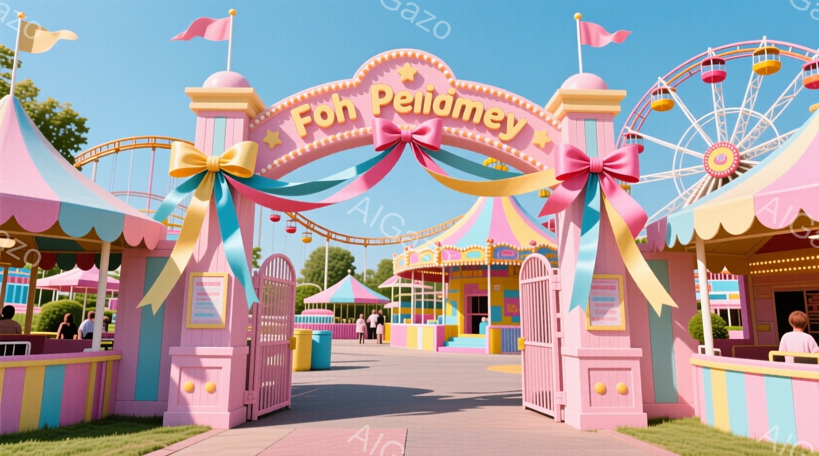 明るいピンクと水色の遊園地の入り口が写っています。「Foh Pellame」と書かれたアーチが印象的で、背景には観覧車や様々な屋台が見えます。人々はカジュアルな服装で、楽しそうな雰囲気が漂っており、晴天の下、遊園地での一日を謳歌している様子が伝わってきます。