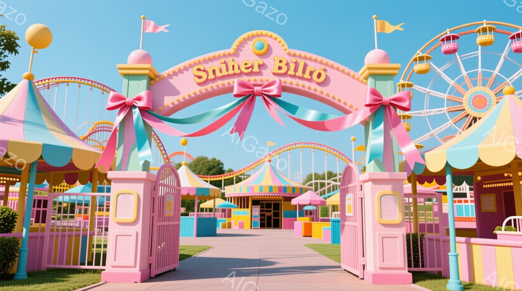 カラフルで夢のような遊園地の入り口が描かれています。アーチ型のゲートには「Sniber Bilro」と書かれており、ピンクと水色のストライプのリボンで飾られています。背景には観覧車やカラフルな屋台が並 - AI生成フリー素材