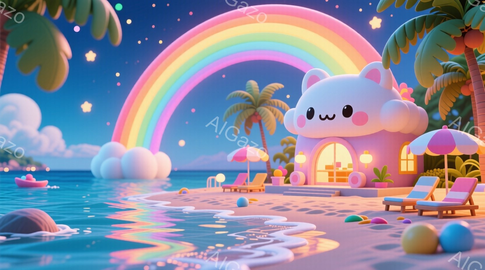 虹とパステルカラーのビーチが描かれた、夢のような風景です。雲のような可愛らしい家が建ち、パラソルとデッキチェアが置かれ、リラックスした雰囲気を醸し出しています。背景にはヤシの木が生い茂り、空には星が輝き、まるで絵本の世界のようです。