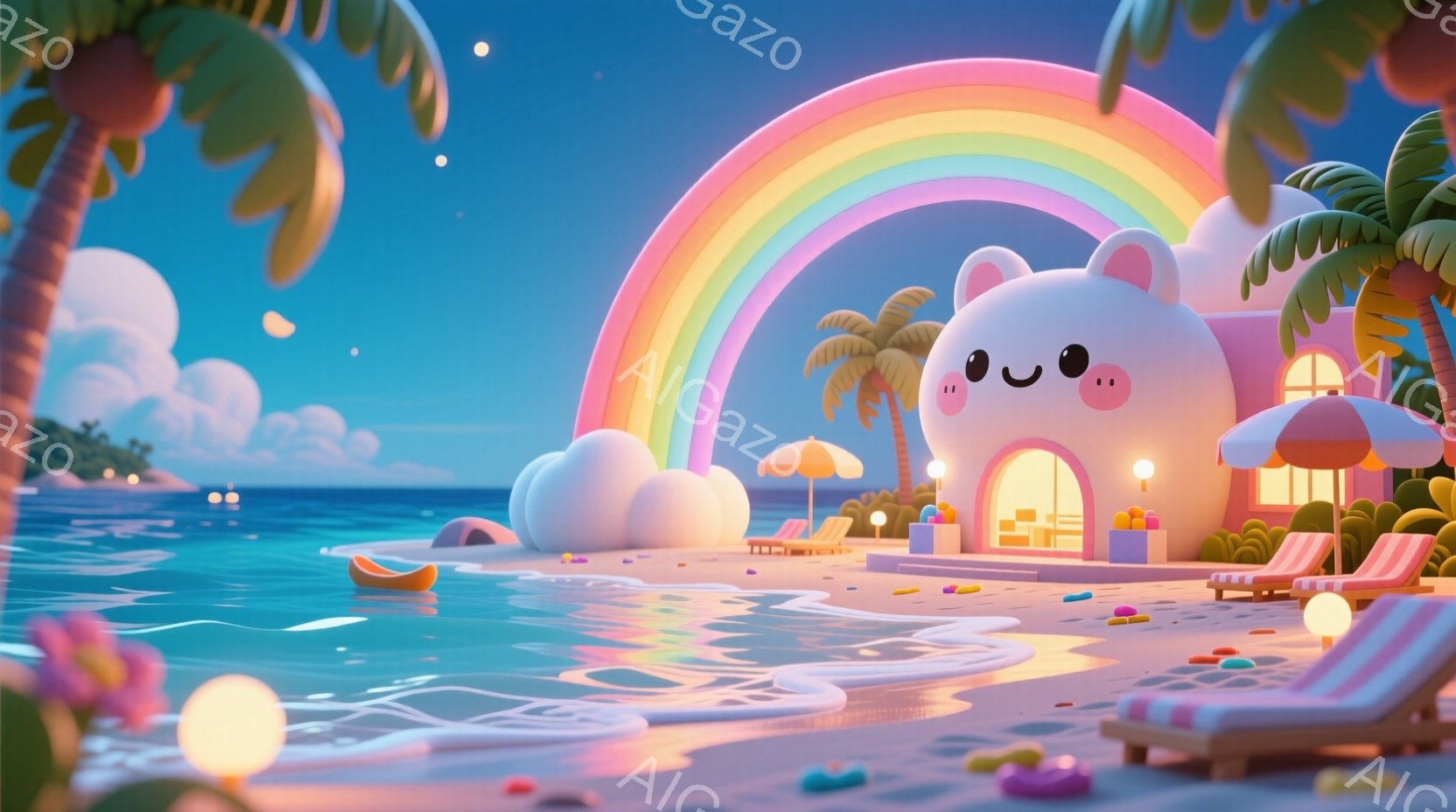 パステルカラーで描かれた夢のようなビーチの風景です。可愛らしい顔の家がビーチに建ち、周囲にはパラソルとビーチチェアが並んでいます。空には虹がかかり、穏やかな海とヤシの木が楽園のような雰囲気を醸し出しています。