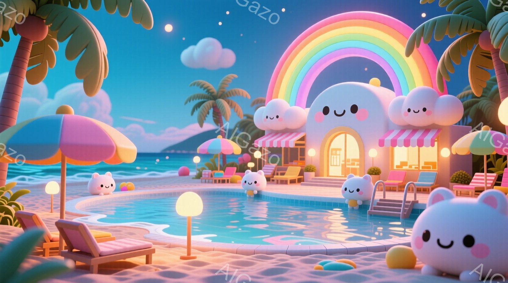 カラフルでファンタジックなビーチリゾートが描かれています。プールやビーチには、笑顔の雲や可愛らしい動物のオブジェが点在し、ピンクと水色の建物が楽しげな雰囲気を醸し出しています。背景には虹が架かり、パステルカラーの空とヤシの木が楽園のような景色を作り出しています。