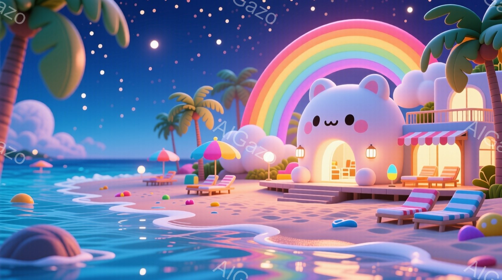 鮮やかな色彩のビーチが描かれており、可愛らしい家が建っています。家は猫の顔を模したデザインで、ピンクと白を基調とした優しい色合いです。背景にはヤシの木が生い茂り、虹がかかり、波が穏やかに打ち寄せており - AI生成フリー素材