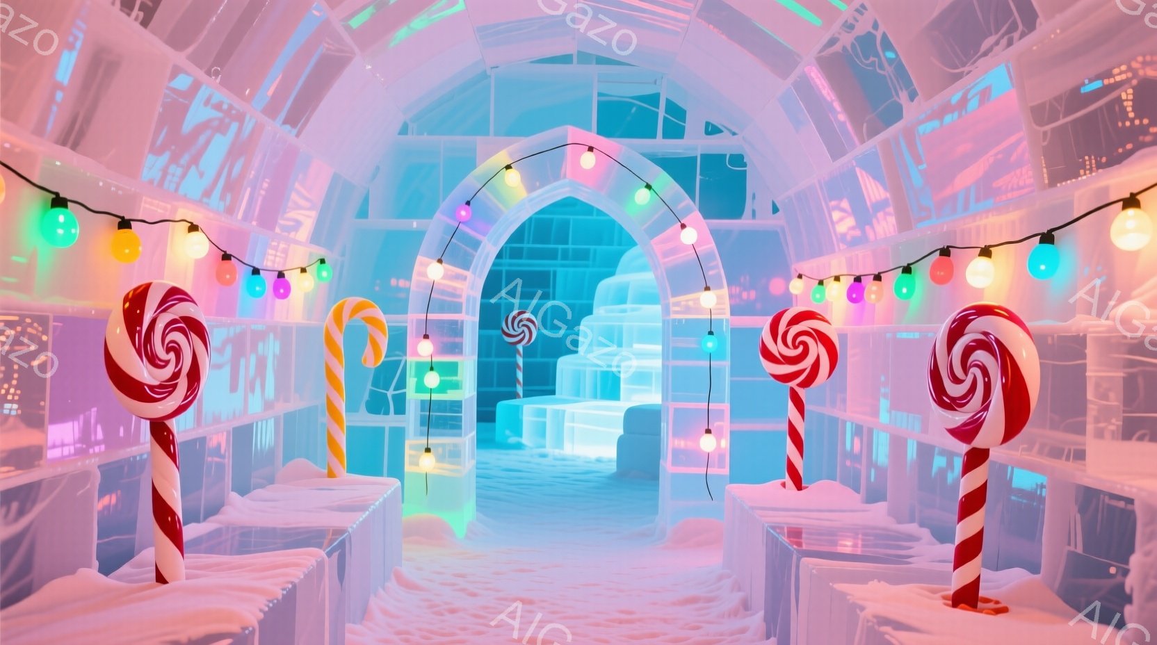 氷でできたアーチが印象的な空間で、カラフルなキャンディのオブジェが両側に並んでいる。奥には氷でできた家具が配置されており、幻想的で遊び心のある雰囲気を醸し出している。全体的にパステルカラーで統一され、まるで夢のような世界が広がっている。