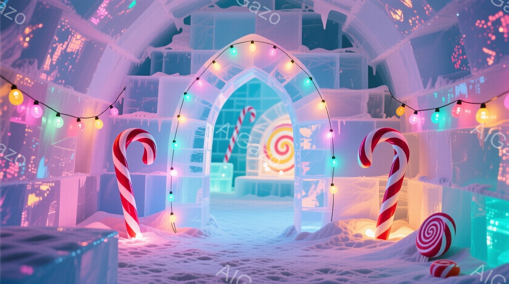 人が見つめる北極の雪の中、ライトが装飾された氷塊のアーケードを通り抜けるときには、彼らが冬の楽しい世界であることを示す。人は視覚的に興奮しており、その甘い味わいを感じるかもしれません。