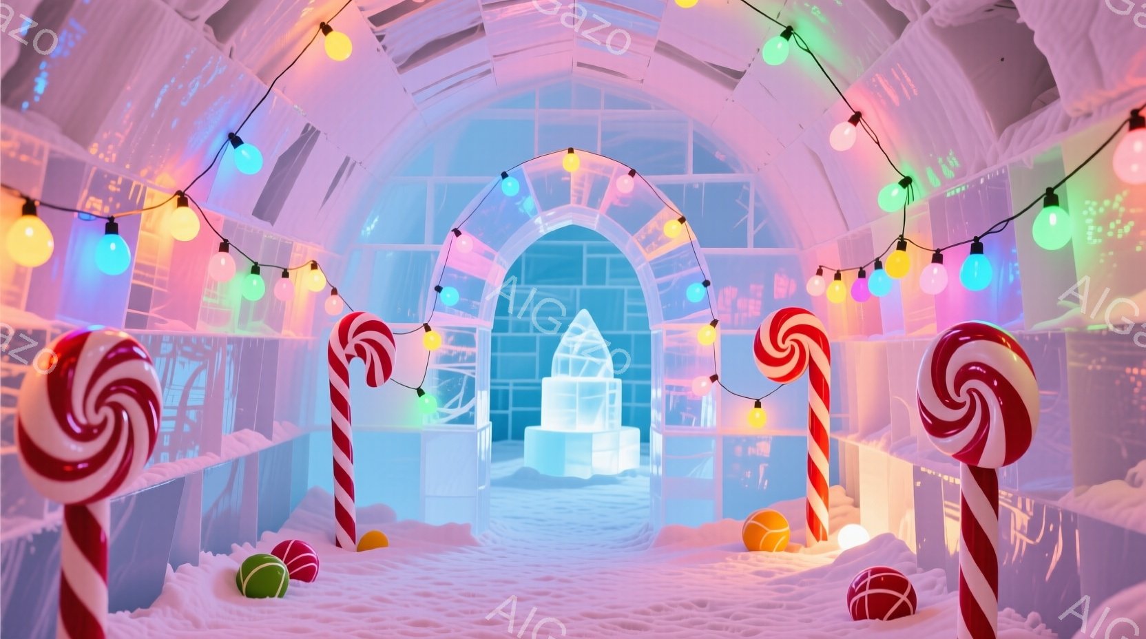 氷のトンネルが写っており、天井にはカラフルな電球が飾られています。トンネル内には巨大なキャンディケーンの彫刻が立ち並び、床にはカラフルな球状の装飾が点在し、奥には氷の彫刻が見えます。全体的に、幻想的で遊び心あふれる、冬のワンダーランドのような雰囲気が漂っています。