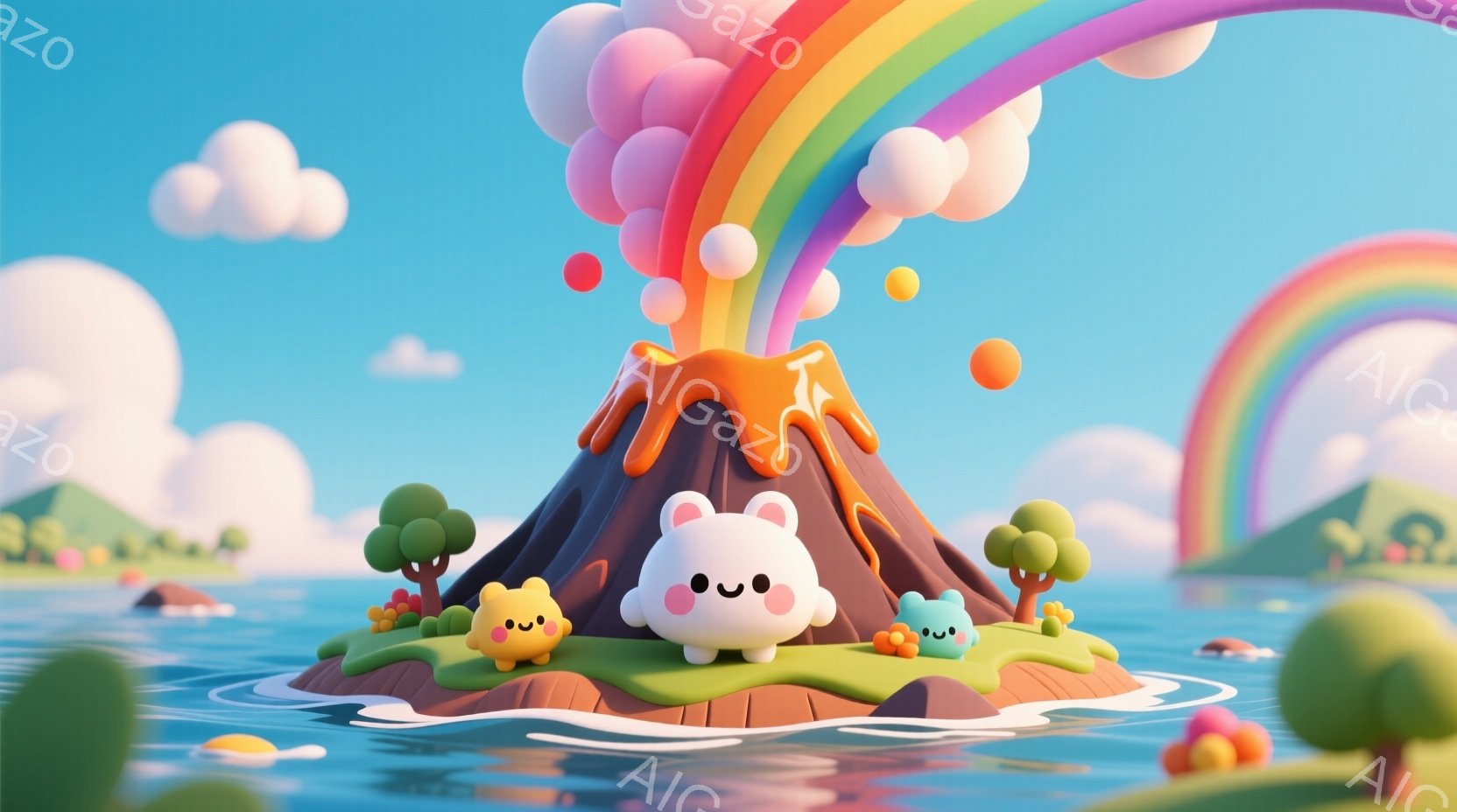 柔らかいパステルカラーで描かれた、火山と可愛らしいキャラクターたちのイラストです。火山からは虹色の噴煙が上がり、周囲には緑の木々が生い茂り、黄色と水色の小さなキャラクターが楽しそうに立っています。背景には穏やかな海と、遠くに見える緑の島が広がっており、全体的に明るく、夢のような雰囲気が漂っています。