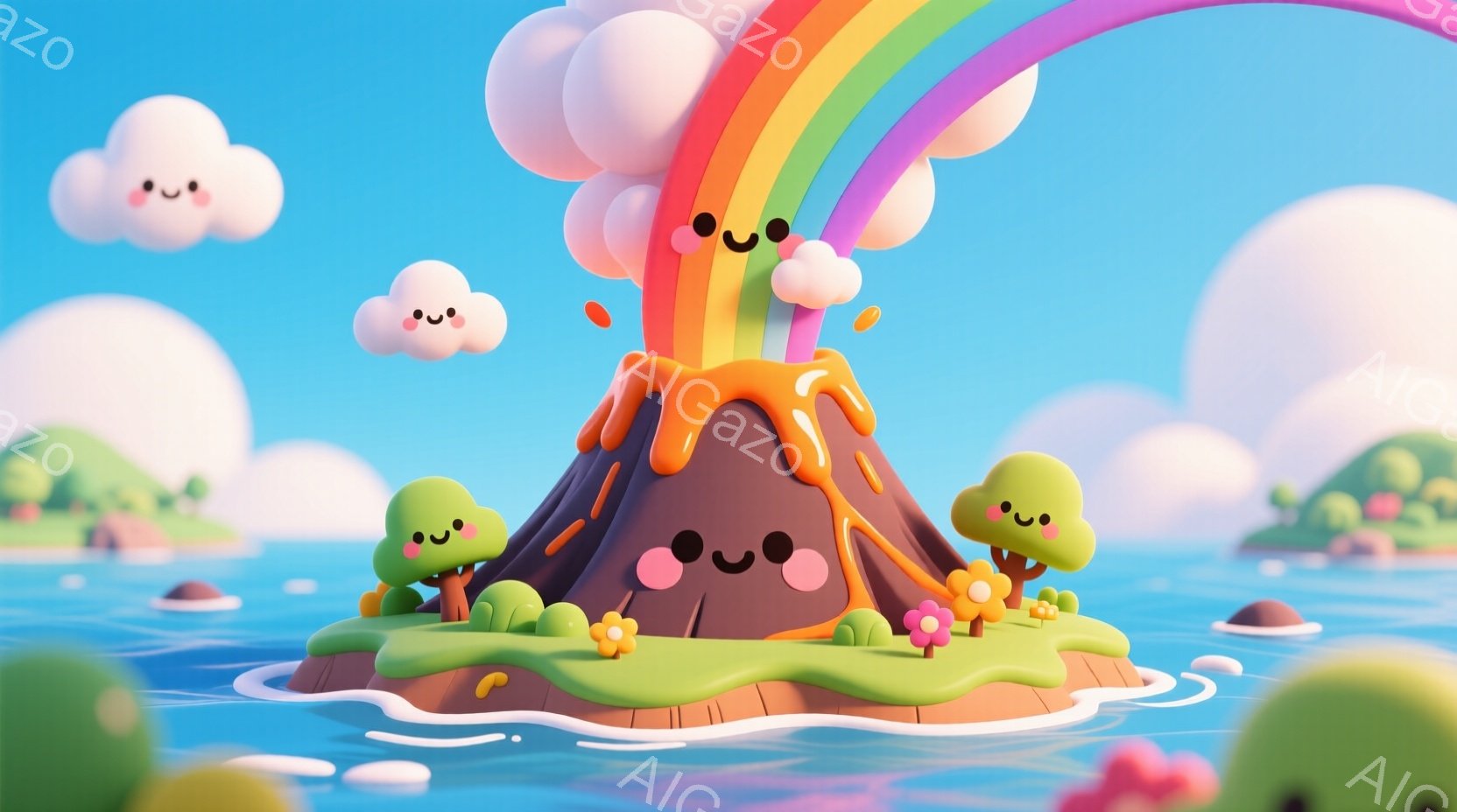 かわいらしい表情をした火山が浮かぶ、明るくカラフルな世界を描いています。火山からは虹色の煙が立ち上り、周囲には水、小さな島々、そして笑顔の雲が浮かんでいます。全体的に暖かく、遊び心に満ちた雰囲気が漂っています。