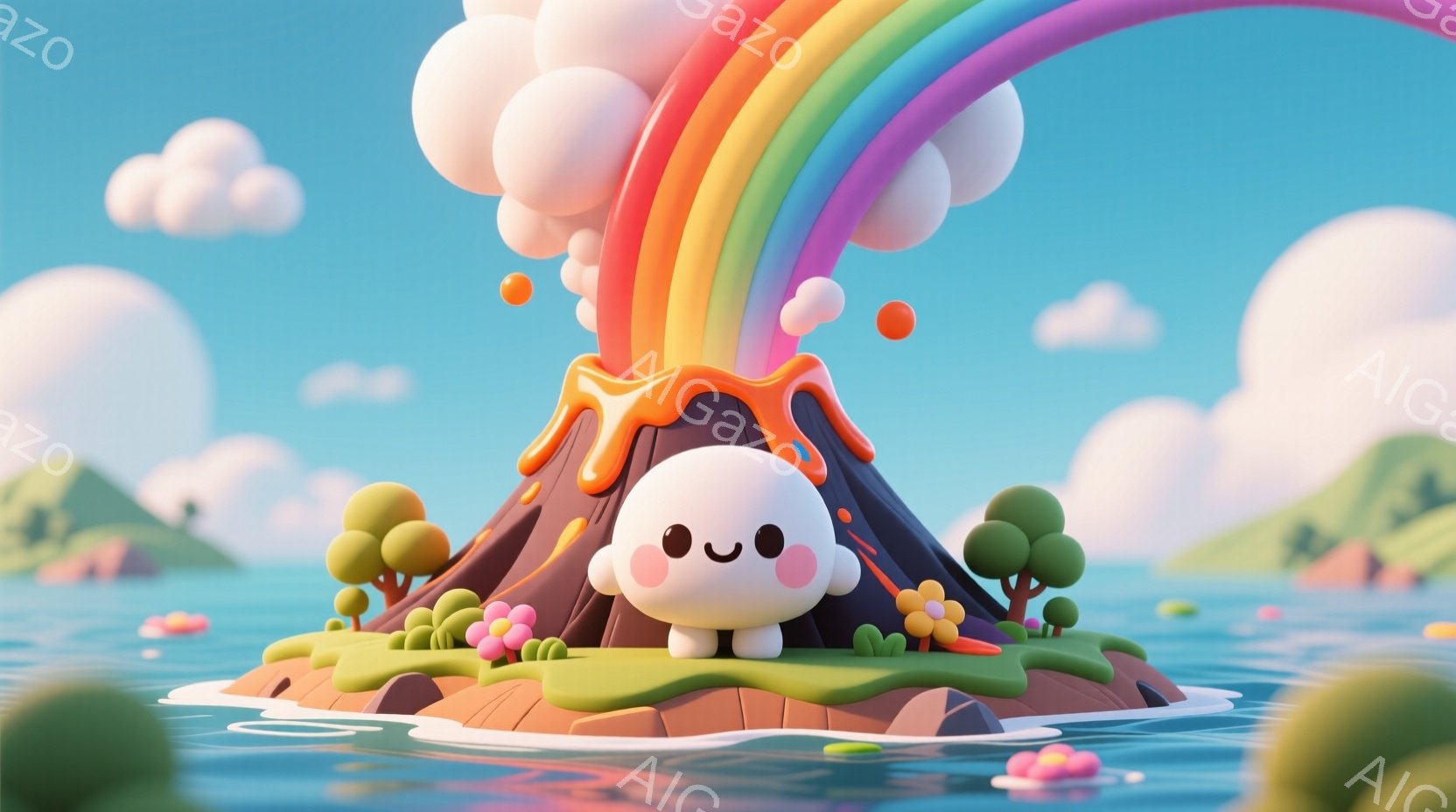 小さな島に立つ、丸くて白いキャラクターを描いています。キャラクターは可愛らしい笑顔で、緑の草が生えた島に立っています。背景には、火山から立ち上る虹、青い海、そして遠くに見える緑の丘と雲があり、全体的に - AI生成フリー素材