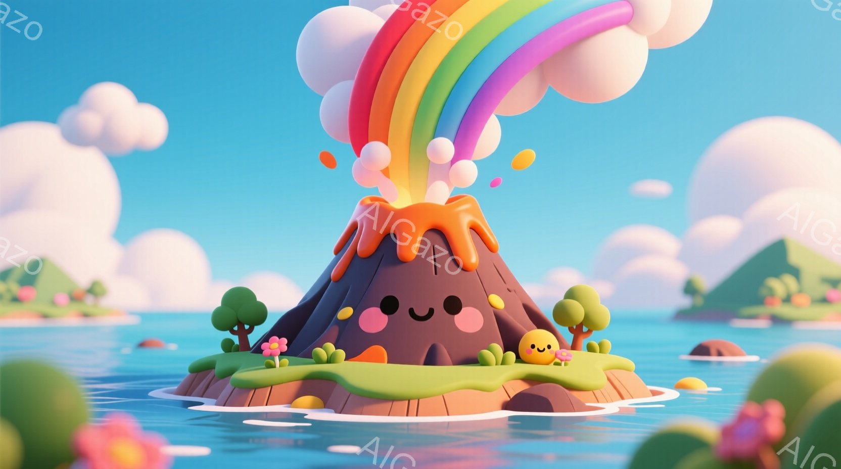滑らかな質感の可愛らしい火山が、青い海に浮かぶ小さな島の上に立っている。火山は笑顔で、オレンジ色のマグマと虹色の噴煙を上げ、その周りには緑の草と花が咲き乱れている。背景には、同様の様式の緑の島々がいくつか浮かび、晴れた空にはふわふわとした白い雲が浮かび、全体的に穏やかで遊び心のある雰囲気が漂っている。