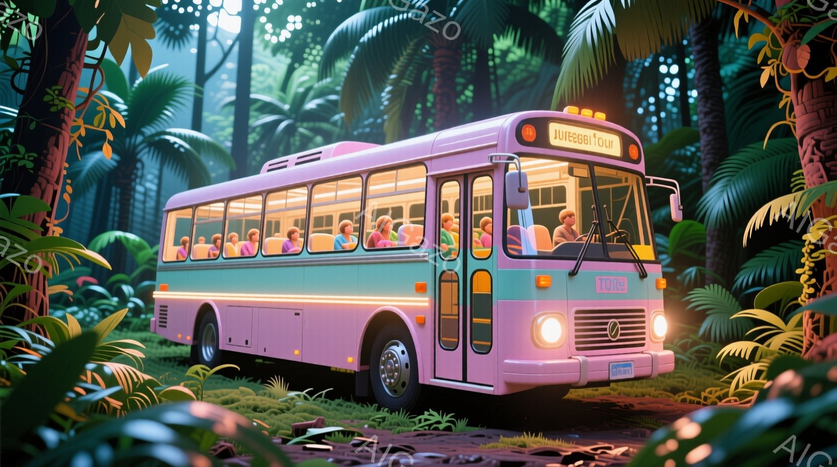 ピンクとターコイズのレトロなバスが、緑豊かな熱帯雨林の中を走っています。バスの中には、カラフルな服を着た人々が座っており、リラックスした様子で旅を楽しんでいるようです。背景には、高い木々や葉が生い茂り、まるで冒険の世界に迷い込んだような幻想的な雰囲気を醸し出しています。