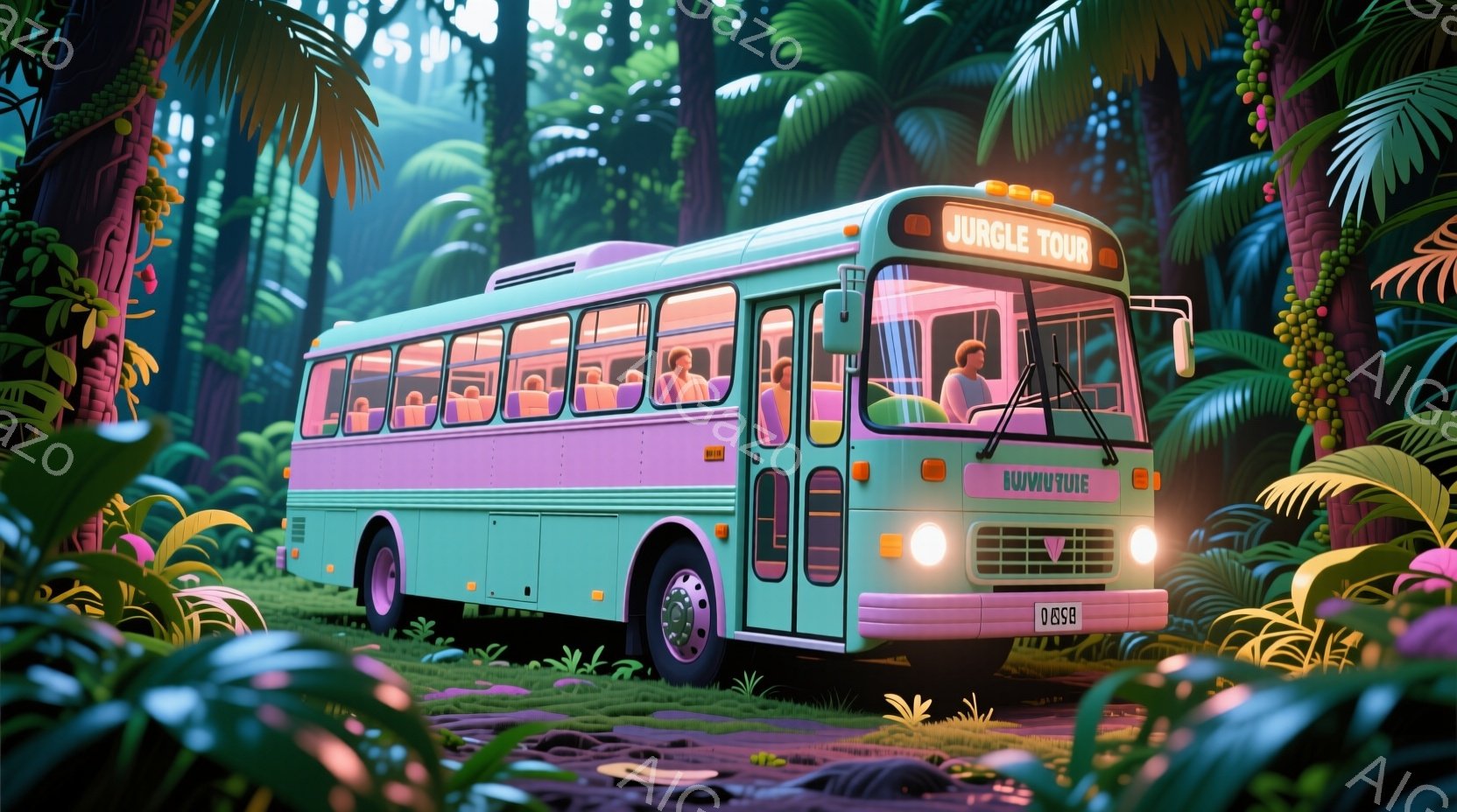 明るい緑色のレトロな観光バスが、鬱蒼とした熱帯雨林の中を走っている様子が描かれています。バスの中には様々な服装の人々が座っており、楽しげな表情からは観光客であることが伺えます。背景には、鮮やかな色合いの植物が生い茂り、幻想的で活気のある雰囲気を醸し出しています。