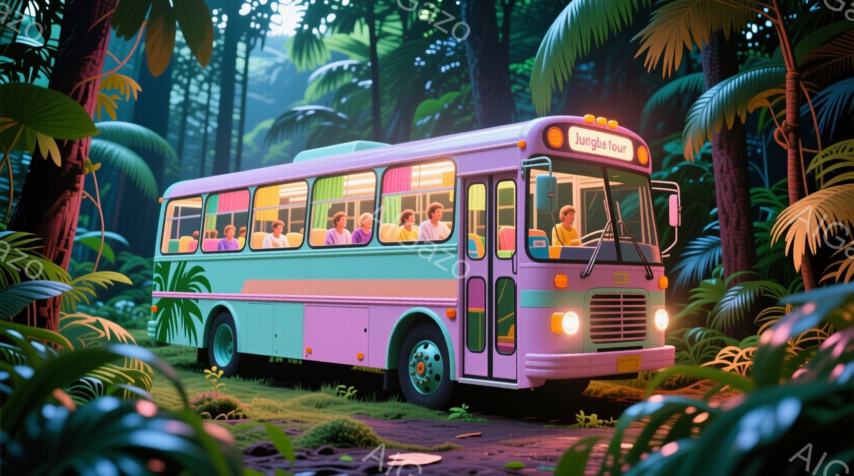 鮮やかなピンクと紫色のレトロな観光バスが、鬱蒼とした熱帯雨林の中を走っている。バスの中には様々な服装をした人々が座っており、楽しげな表情をしている者はいないが、リラックスした様子が伺える。背景には高い木々が生い茂り、地面は緑色の植物と茶色の土で覆われ、夜のジャングルを思わせる雰囲気である。