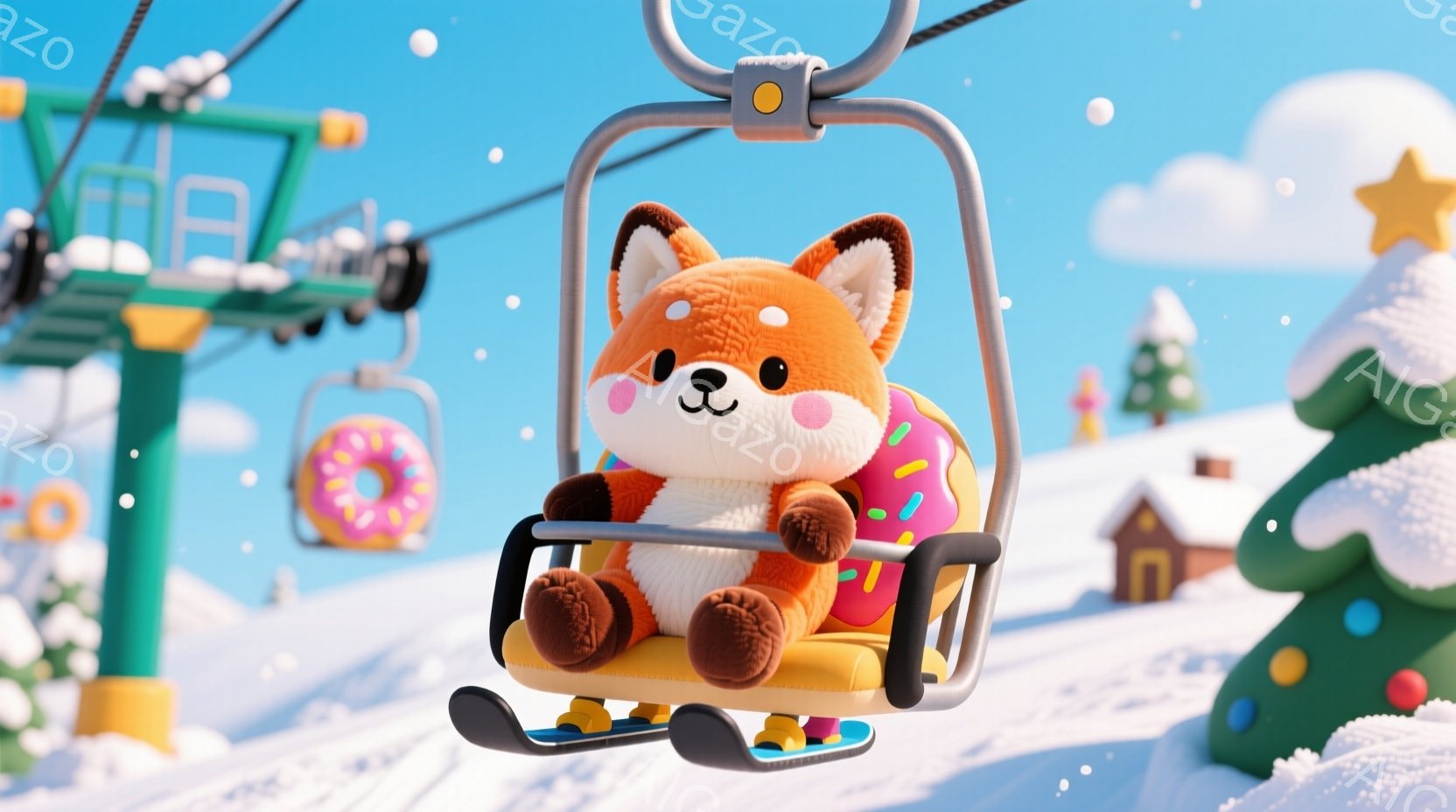 ふわふわのオレンジ色のキツネが、スキーリフトの椅子に座っています。キツネはドーナツ型の浮き輪のようなものを抱き、楽しそうな表情をしています。背景には雪の積もった山々と、可愛らしい家々、そしてクリスマス - AI生成フリー素材