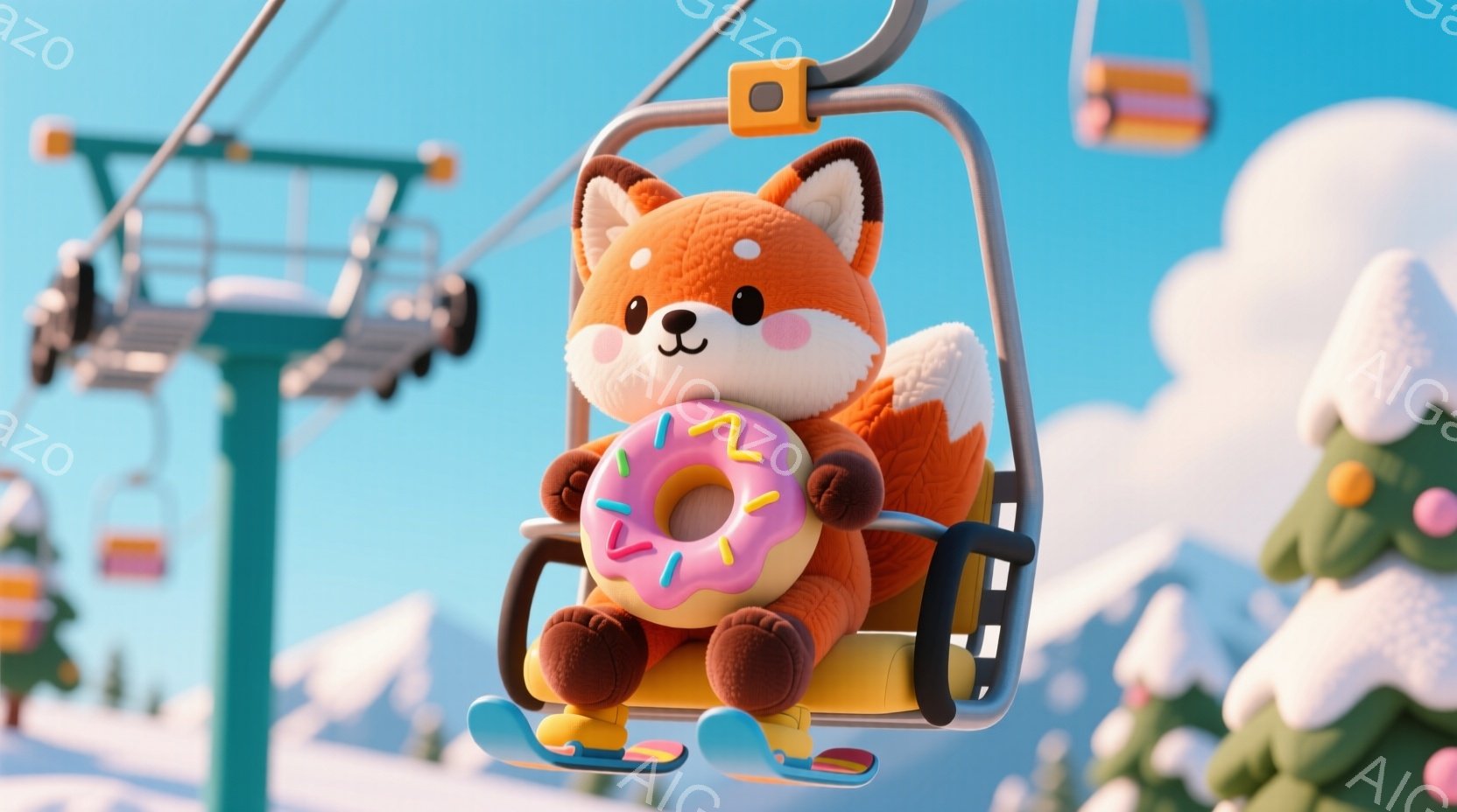 鮮やかな青空の下、雪山を背景に、可愛らしいキツネがスキー場のリフトに乗っています。キツネはスキーとブーツを履き、ピンク色のアイシングがかかったドーナツを抱きしめており、楽しそうな表情をしています。背景 - AI生成フリー素材