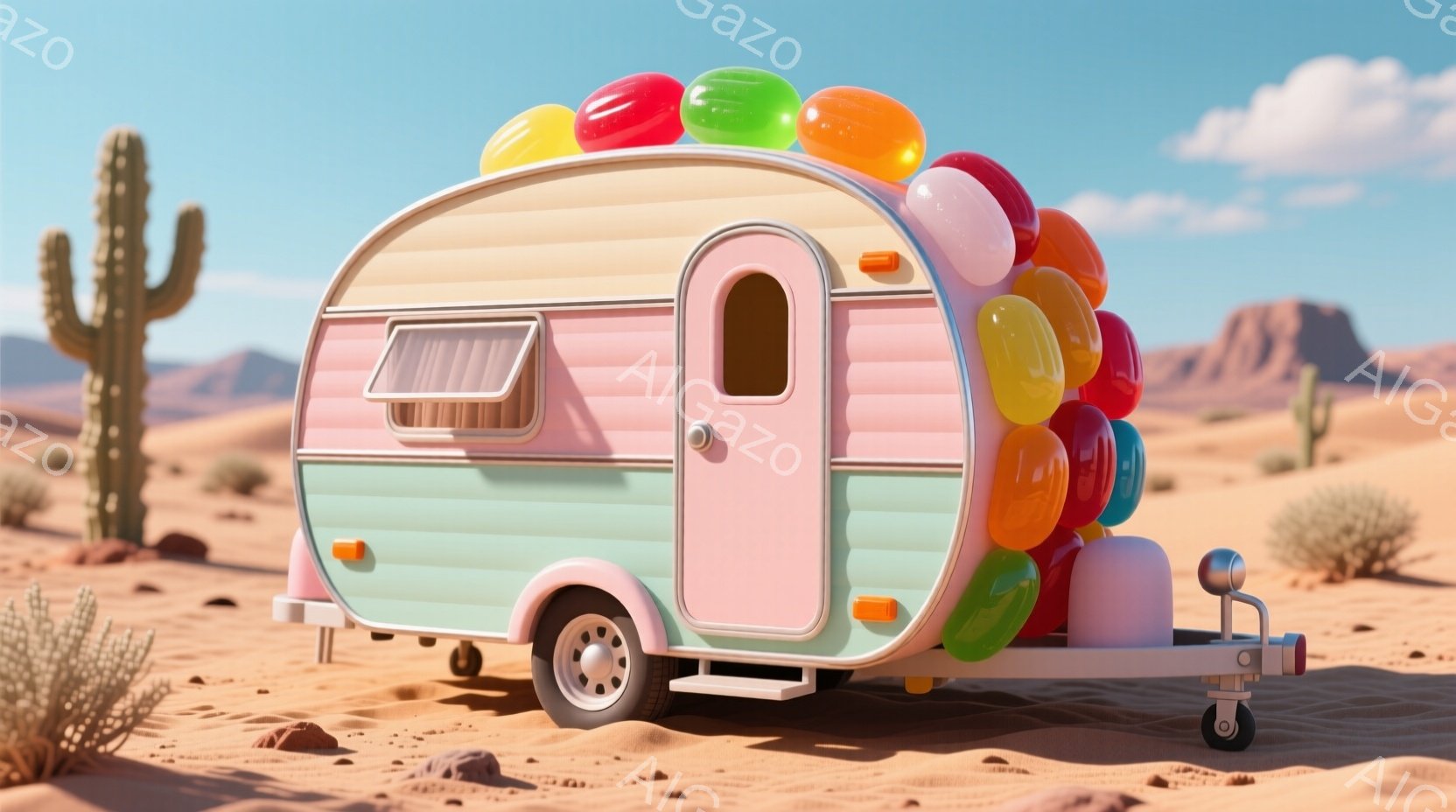 カラフルな風船で飾られた、レトロなピンクと水色のキャンパーバンが砂漠の中に佇んでいます。背景にはサボテンや岩場が広がり、遠くには山々が見えます。晴天で、明るく陽気な雰囲気が漂っています。