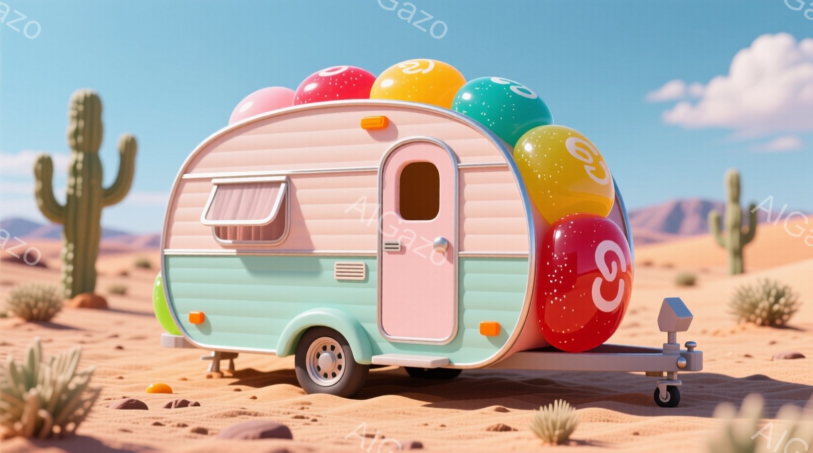 砂漠の中に、淡い緑色のレトロなキャンパーバンが佇んでいます。キャンパーバンの上には、赤、黄、青、緑の風船がカラフルに浮かび、まるで遊園地の一場面のようです。背景にはサボテンや岩が点在し、晴天の下、明るく陽気な雰囲気を醸し出しています。
