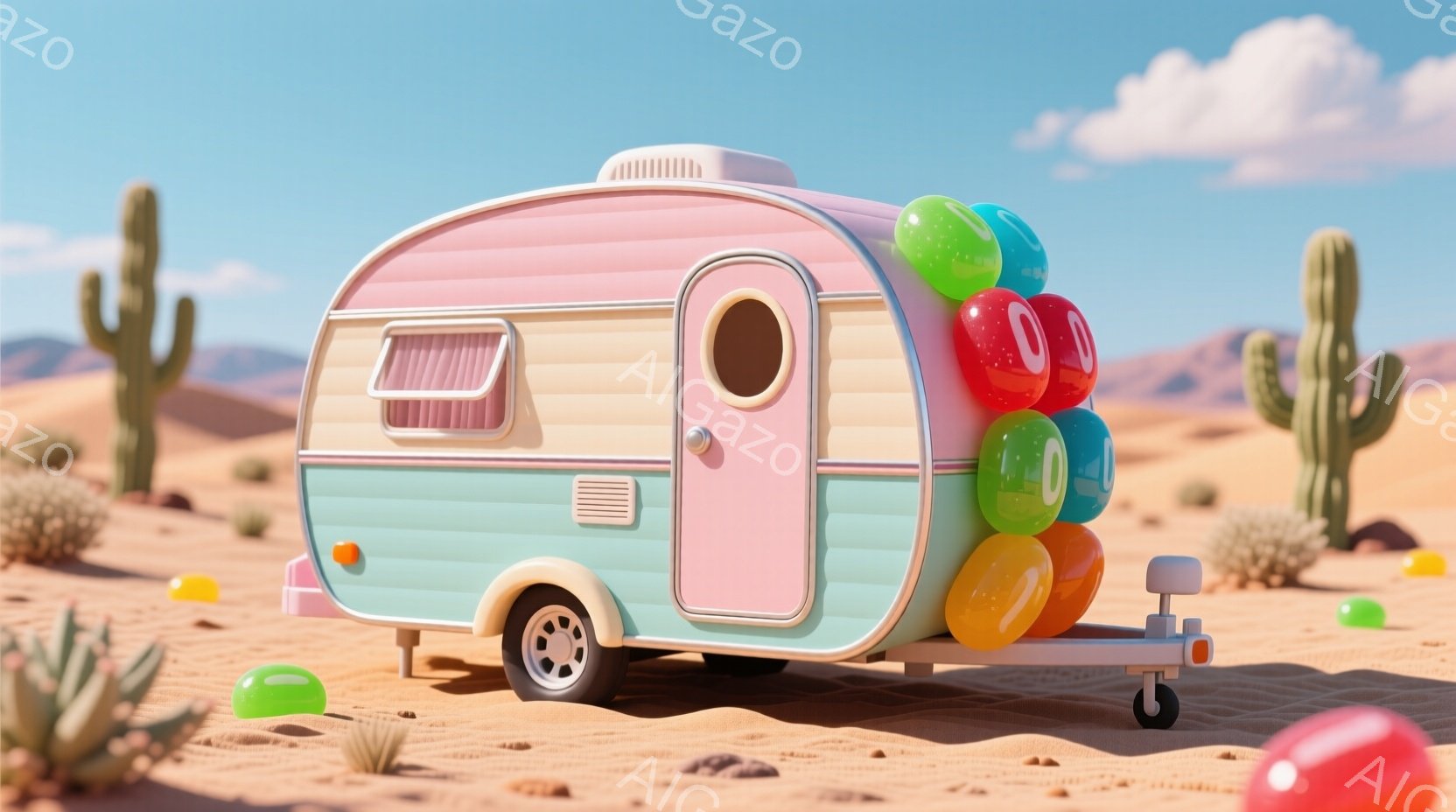 砂漠の中に、レトロなキャンピングトレーラーが描かれています。パステルカラーで可愛らしく、カラフルな風船がトレーラーの後部に結び付けられています。背景にはサボテンや起伏のある砂丘が見え、晴れた空が広がっており、全体的に明るくポップな雰囲気です。