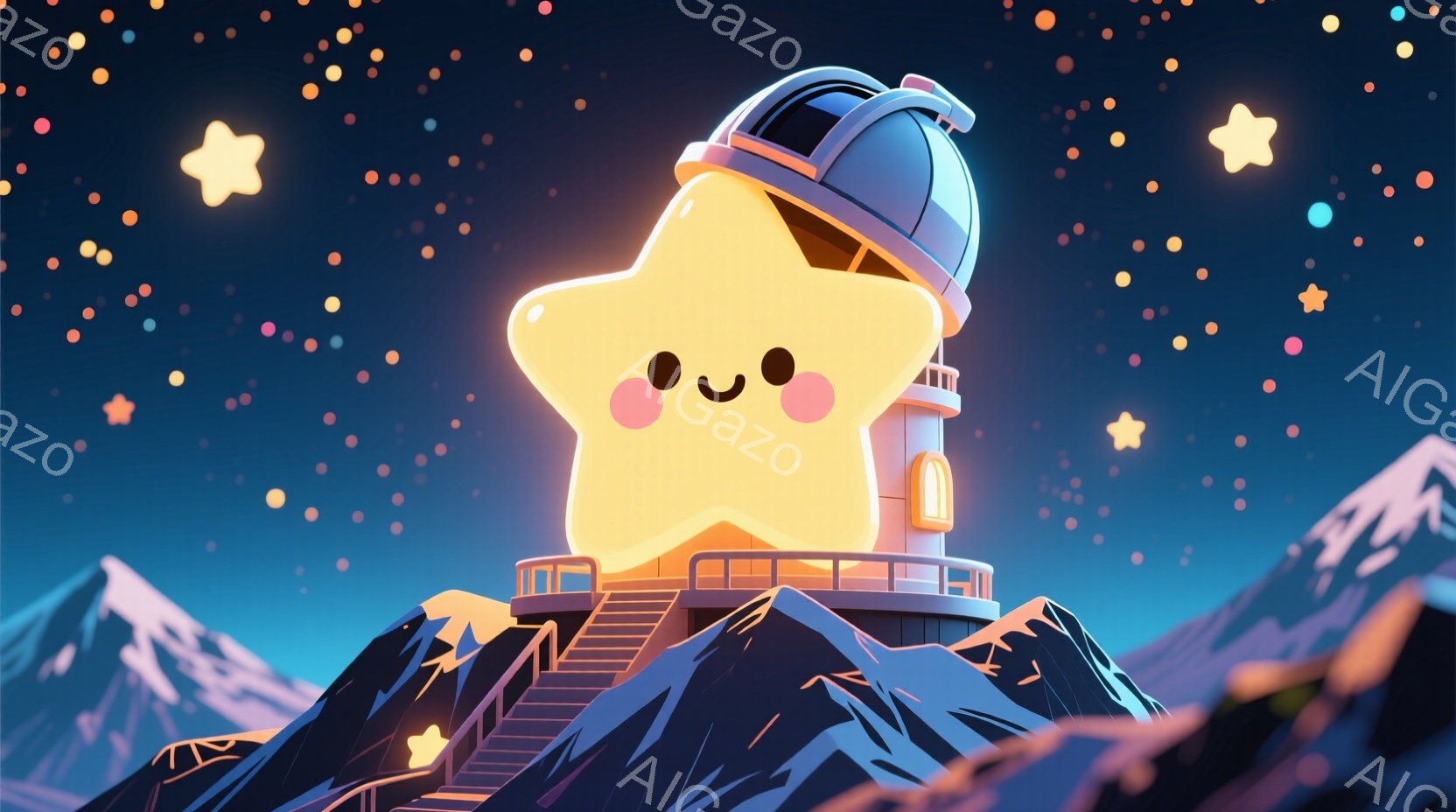 巨大な星型の物体が山頂に建っており、その上に天文台のような構造物が乗っています。周囲は暗い夜空で、様々な大きさの星が輝き、山肌は紫と青のグラデーションで表現され、幻想的な雰囲気を醸し出しています。星型物体は可愛らしい笑顔を見せており、全体的に温かく、遊び心のある印象を与えます。