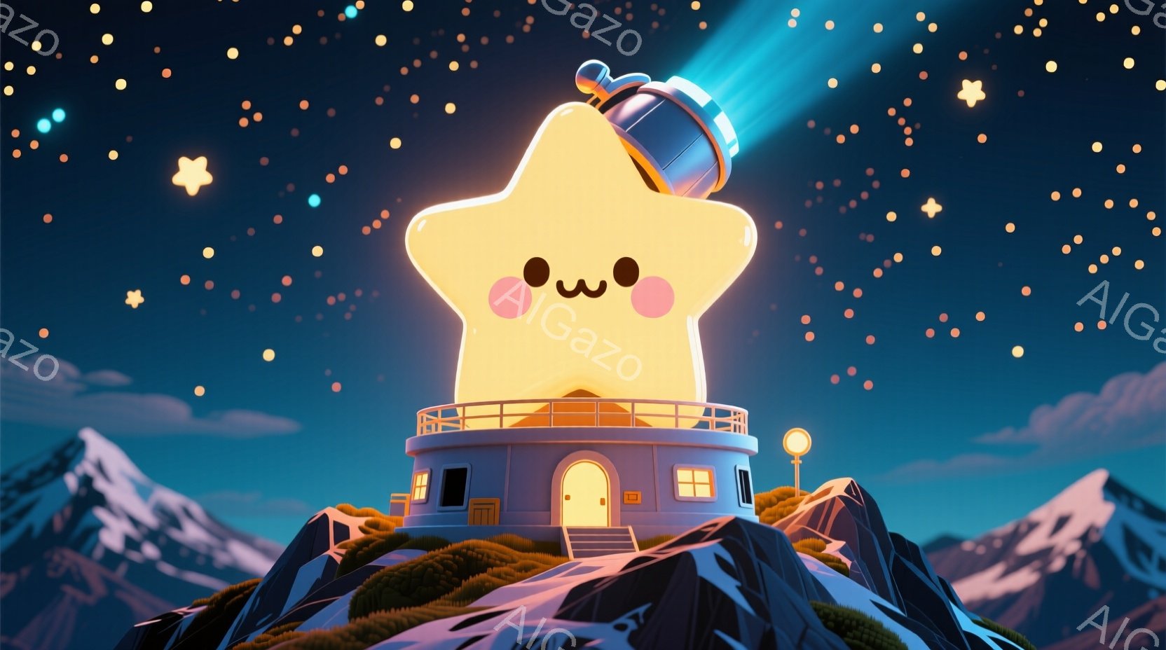 星のような光る物体が灯台の上にあり、愛らしい表情をしています。その灯台は岩山の頂上に建てられ、周囲には緑の草が生い茂り、遠くには雪を抱いた山々が連なっています。夜空には無数の星が輝き、夢のような幻想的 - AI生成フリー素材