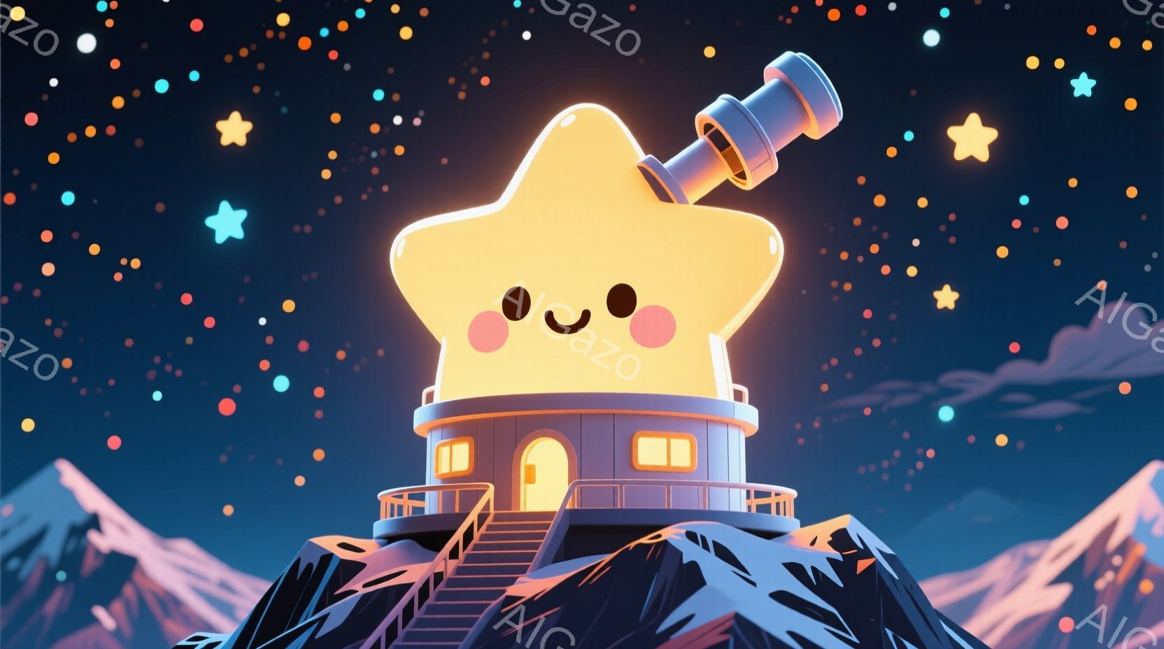 夜空を背景に、星の形をした塔が山頂に建っています。塔には窓とドアがあり、屋上には望遠鏡が設置されています。全体的に、可愛らしく、夢幻的な雰囲気で、夜空に輝く星々が神秘的な印象を与えます。