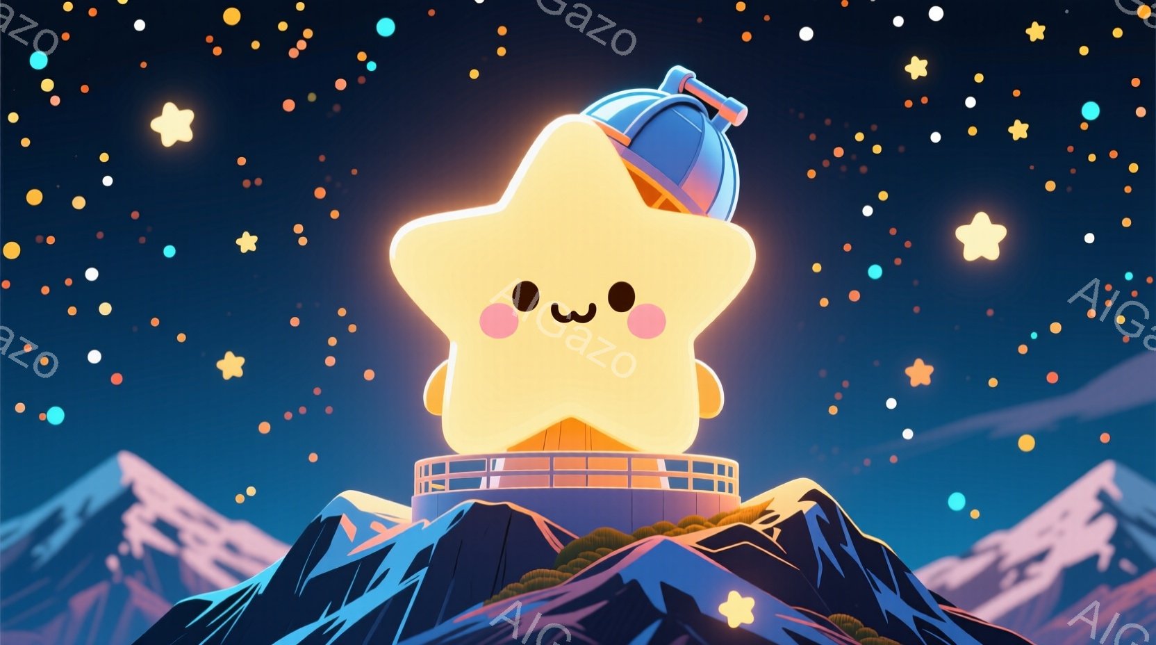 輝く星のような形をしたキャラクターが、山頂に建てられた観測台の上に立っている。そのキャラクターは丸い顔に可愛らしい目と口を持ち、穏やかな表情を浮かべている。背景には、濃い青色の空に無数の星が輝き、遠く - AI生成フリー素材