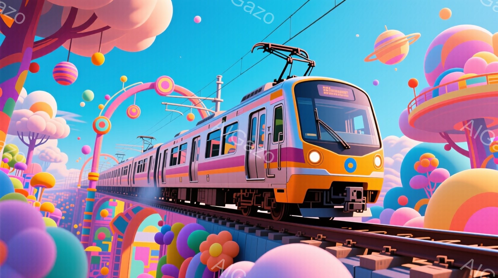 鮮やかな色彩で彩られた、未来的な鉄道車両が描かれている。車両はオレンジと紫を基調とし、まるでキャンディのような可愛らしい外観で、線路の上を勢いよく走っている。背景には、カラフルな球体や抽象的な建造物が - AI生成フリー素材