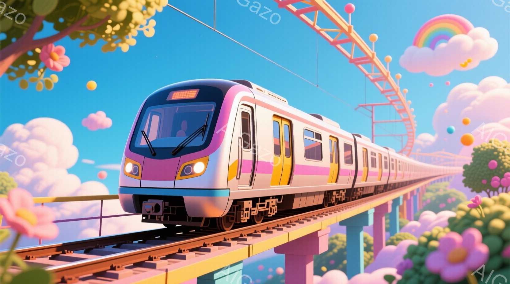 白とピンクのストライプが特徴的な列車が、カラフルな花や雲に囲まれた架け橋の上を走っている。列車内には運転手が見え、明るい表情で前方を注視しているようだ。背景は鮮やかな青空と、パステルカラーの雲、そして可愛らしい花々で彩られ、夢のような雰囲気を醸し出している。