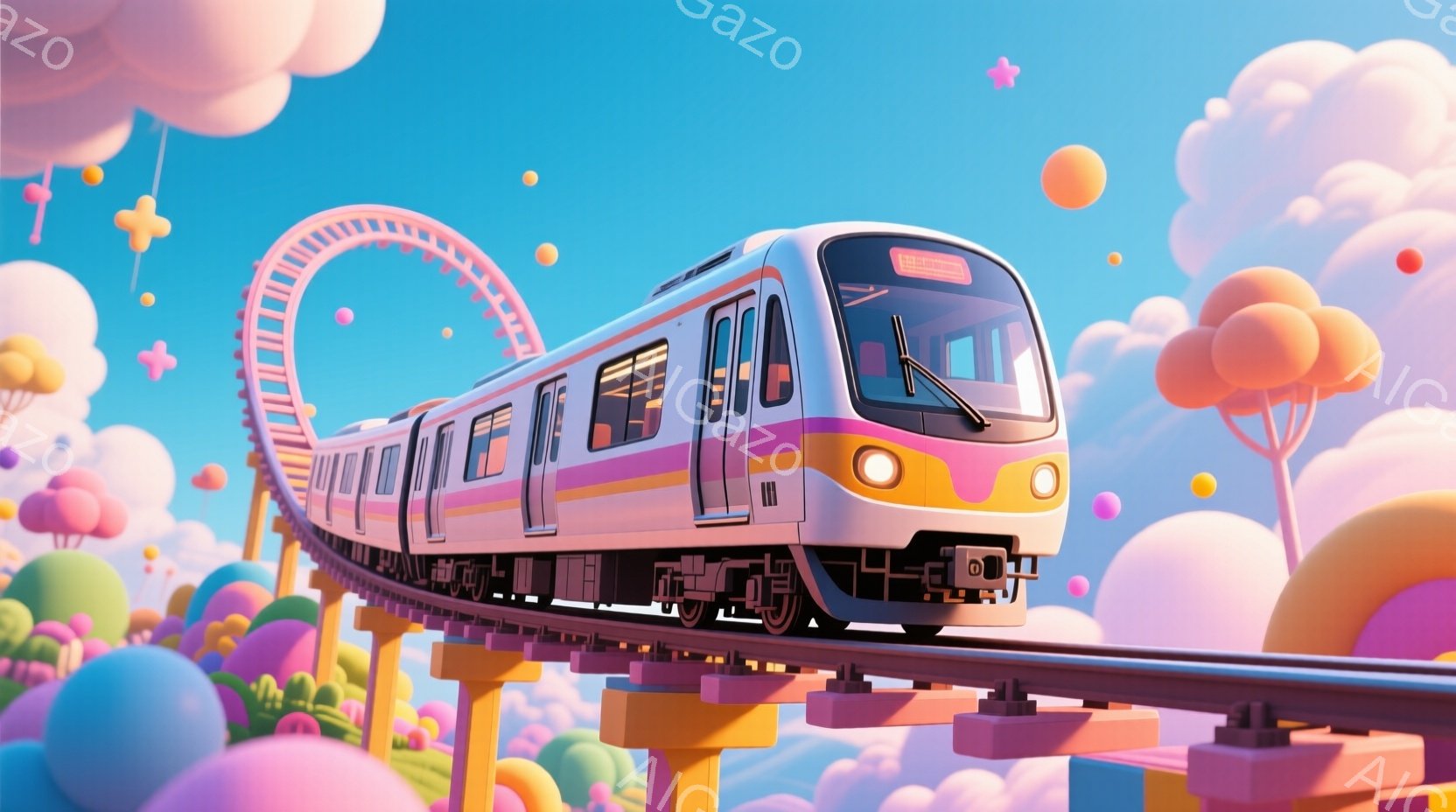 鮮やかなピンクと白の列車が、空中に架かるカラフルな線路の上を走っている。背景には、パステルカラーの丸いオブジェクトや、アーチ状の構造物が見られ、まるで夢のような世界観を作り出している。全体的に明るく、 - AI生成フリー素材
