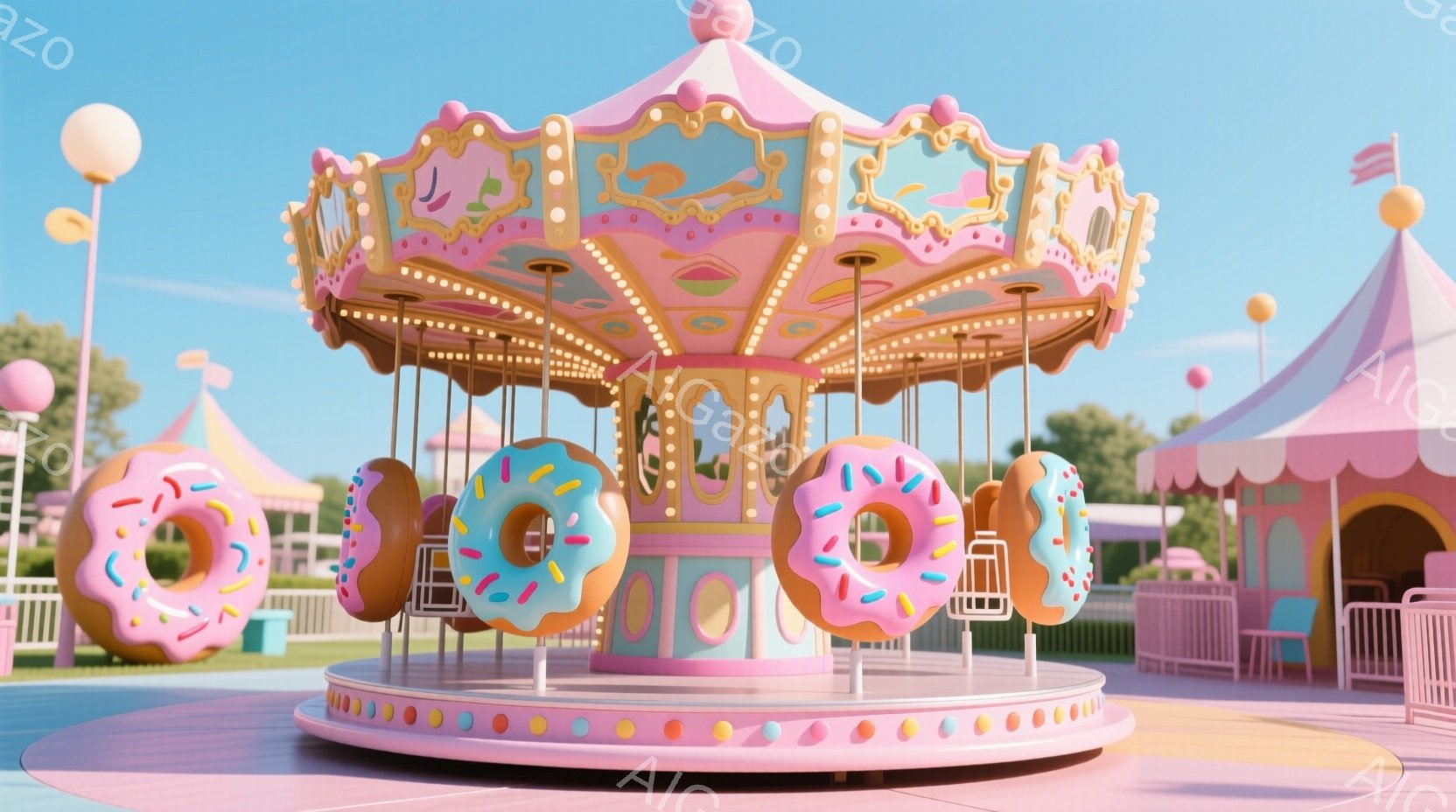 明るい青空の下、ピンクとクリーム色のカラフルなメリーゴーランドが描かれています。各乗り物はドーナツの形をしており、カラフルなトッピングが施されています。背景には、同様のピンク色で装飾されたテントや芝生 - AI生成フリー素材
