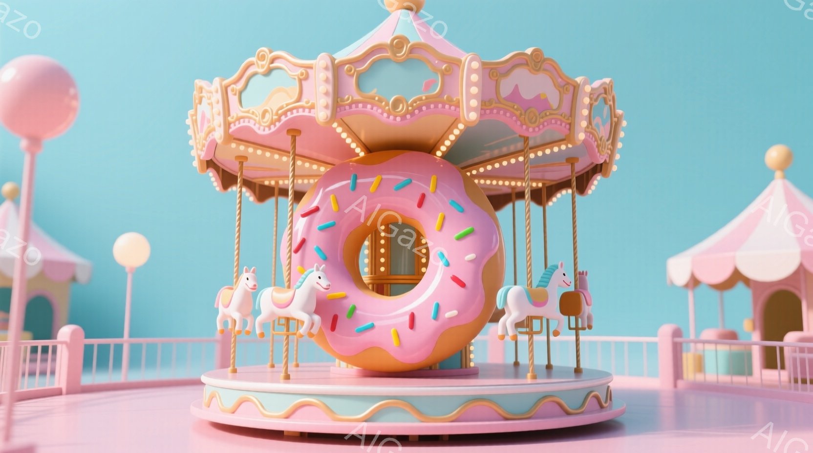 パステルカラーで構成されたメリーゴーランドが中央に位置し、ユニコーンが取り付けられています。メリーゴーランドの中心には大きなピンク色のドーナツが配置され、その周りをユニコーンが回るようなデザインになっています。背景には、同様のパステルカラーの建物と、柔らかい光が差し込む晴天が描かれ、夢のような可愛らしい雰囲気を醸し出しています。