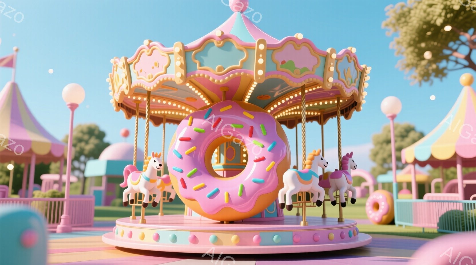 鮮やかなピンクとパステルカラーで彩られたメリーゴーラウンドが中央に位置し、ドーナツ型の装飾が特徴的です。白いユニコーンの乗り物が並び、背景にはパステルカラーのテントや緑の芝生が見え、遊園地のような楽しい雰囲気が漂っています。空は晴れ渡り、全体的に明るく、夢幻的な色彩が印象的です。