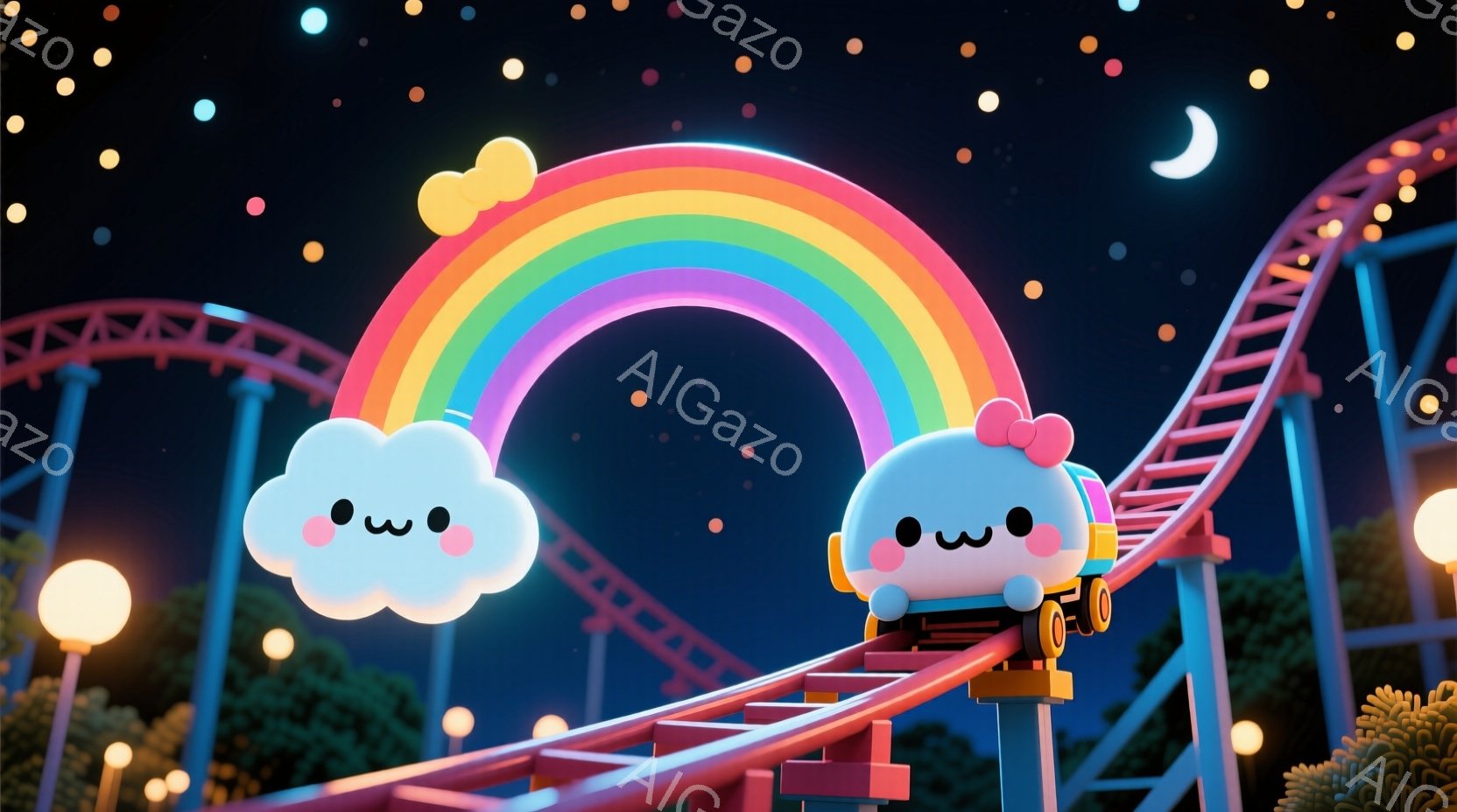 空には虹がかかり、雲のようなキャラクターが遊園地のジェットコースターに乗っています。片方の雲はピンクのリボンをつけており、もう片方は何もつけていませんが、どちらも可愛らしい表情をしています。背景には夜 - AI生成フリー素材
