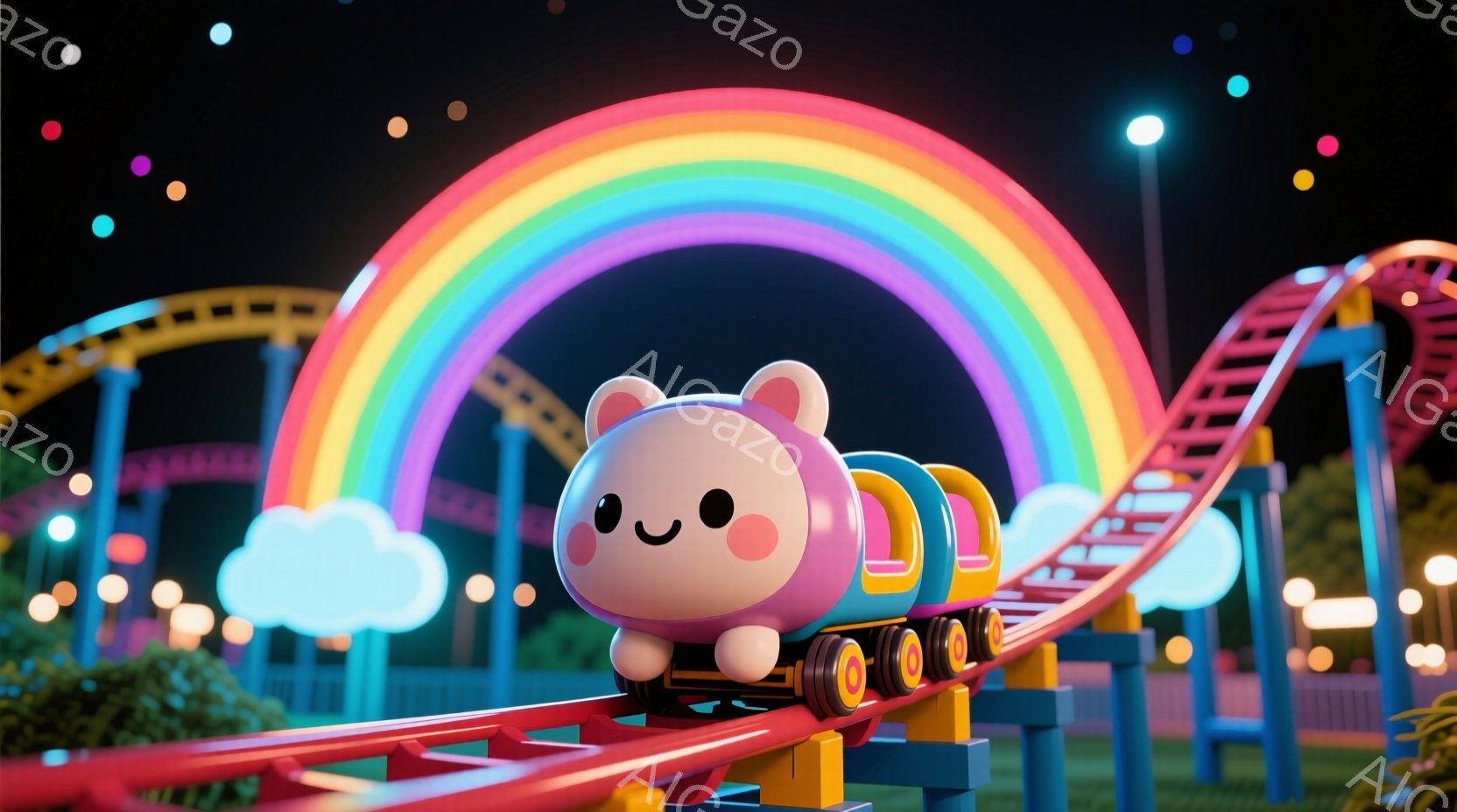 イケメンのような人物が、白い帽子とコートを身に着けた状態で、顔は大きく笑顔で、目の下にほっぺんと伸ばす表情。背景は夜間に整備された子供向けの遊園地で、色鮮やかなポップアートが見える。