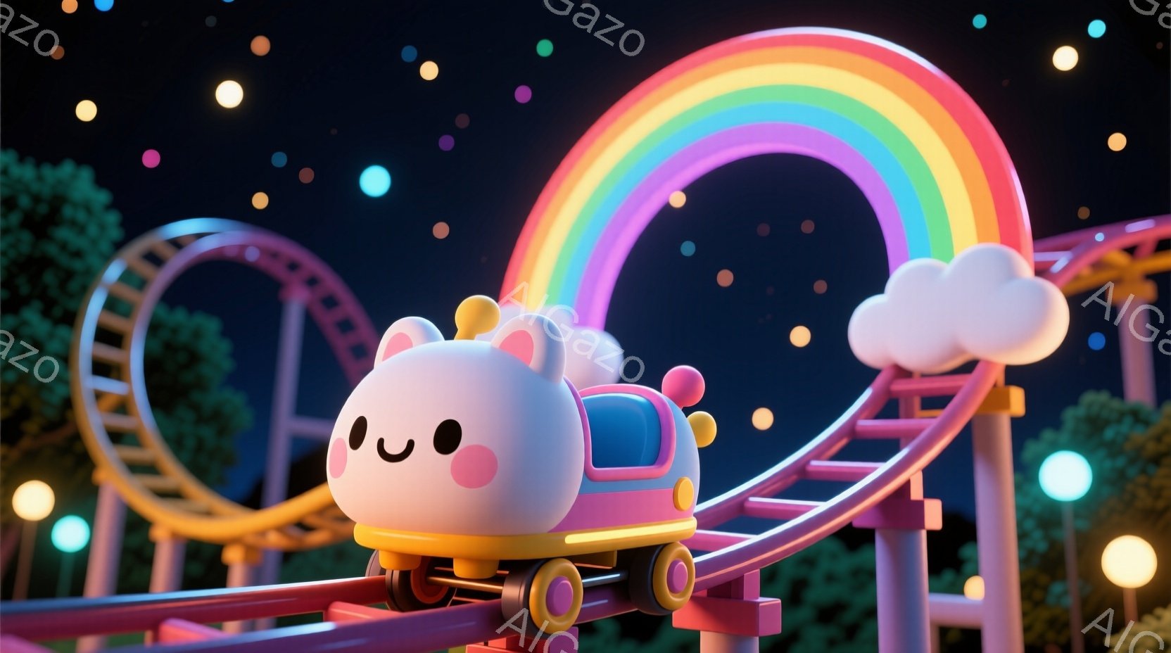 ふわふわしたピンク色のユニコーンの乗り物が、カラフルなジェットコースターを走っている様子が描かれています。背景には緑豊かな木々が立ち並び、夜空には星が輝き、幻想的な雰囲気を醸し出しています。ジェットコースターは明るい色彩で、楽しい遊園地の夜を表現しています。