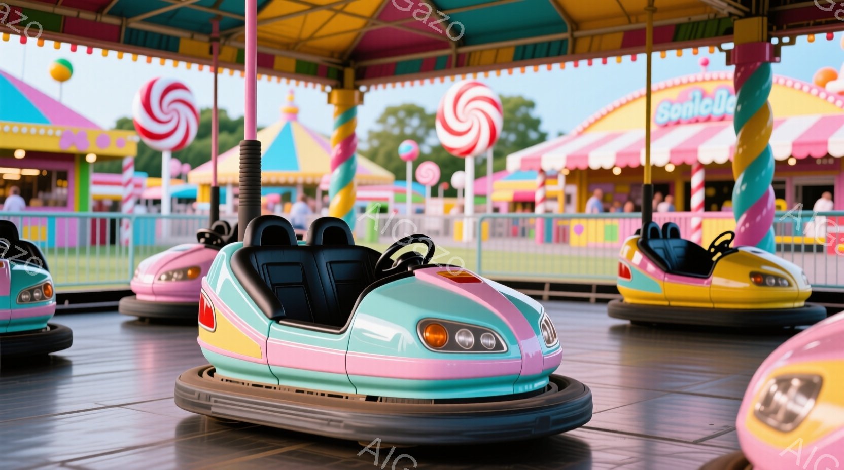 カラフルなバンパーカーが並んだ遊園地の様子が描かれています。ピンク、水色、黄色などの明るい色調で、楽しげな雰囲気が伝わってきます。背景には、キャンディの飾りや屋根、そしてぼんやりとした人影が見え、遊園 - AI生成フリー素材