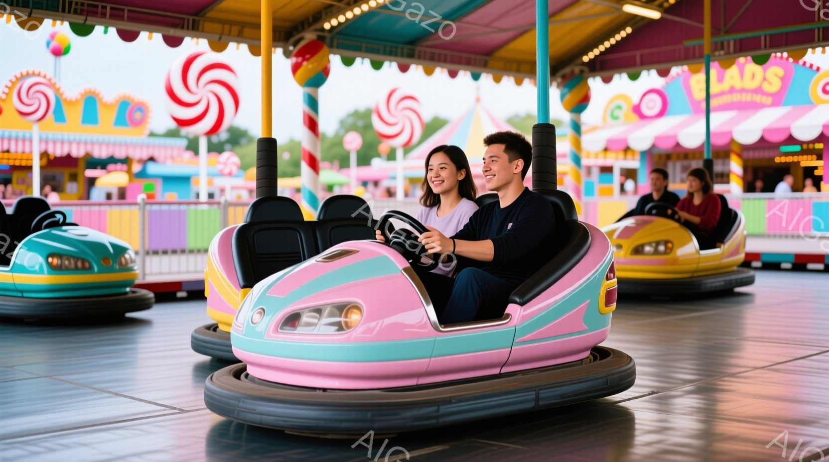 遊園地のバンパーカーの様子で、ピンクと水色の車に乗った若い男女が写っている。女性は黒髪で笑顔を見せ、男性は短髪でリラックスした表情で運転している。背景にはカラフルな建物や装飾が施された遊園地が見え、楽 - AI生成フリー素材