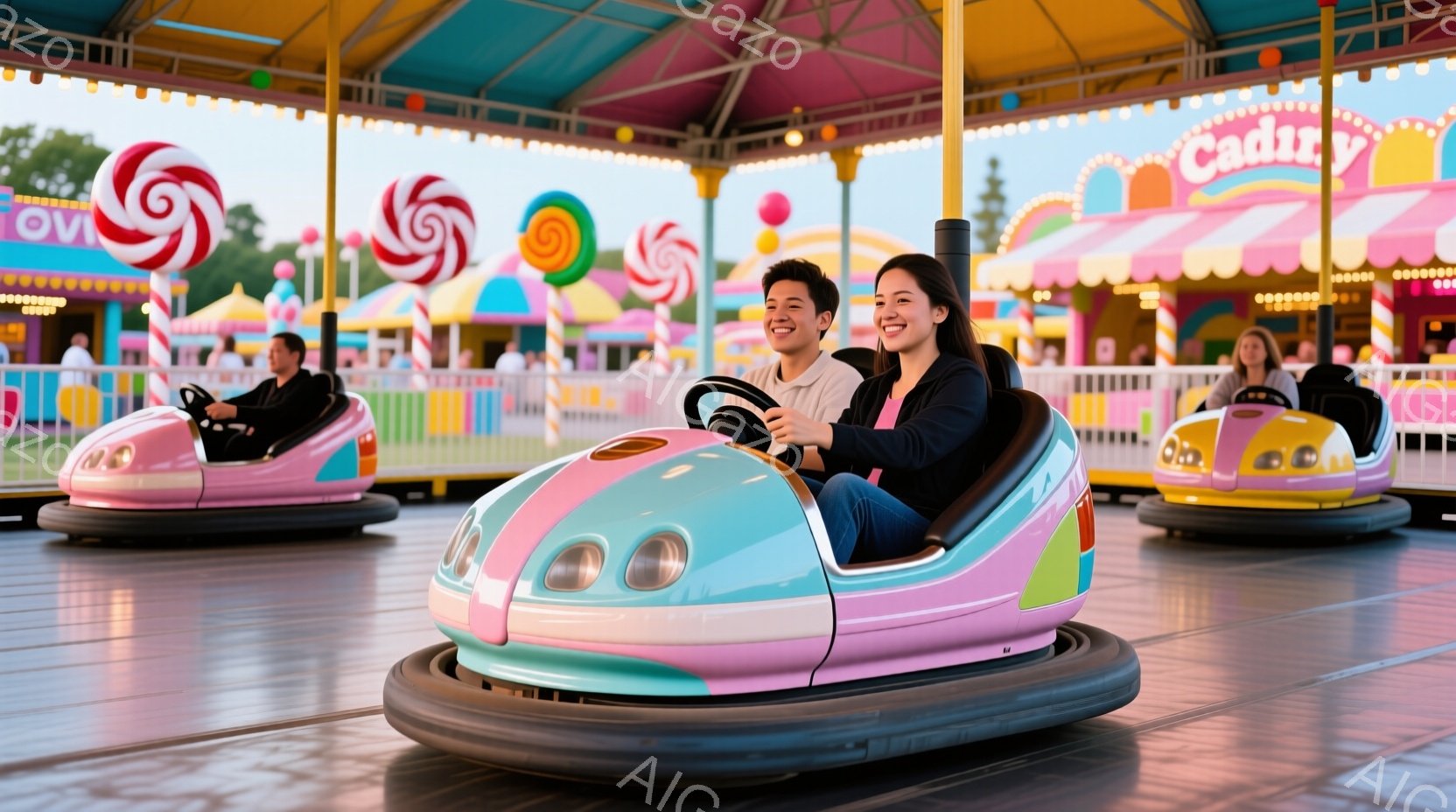 カーライドの乗り物に乗った男女が喜んでいる。男は白Tシャツ、女は紫の服を着ている。彼らは笑顔で踊るように手を使って楽しんでいる。 歩道沿いのカーライドが並んでおり、それらは多くの色の統一さを示すため、子供向けのテーマパークにあることが分かる。 夜空の背景には照明は点在しており、天気は晴れである。