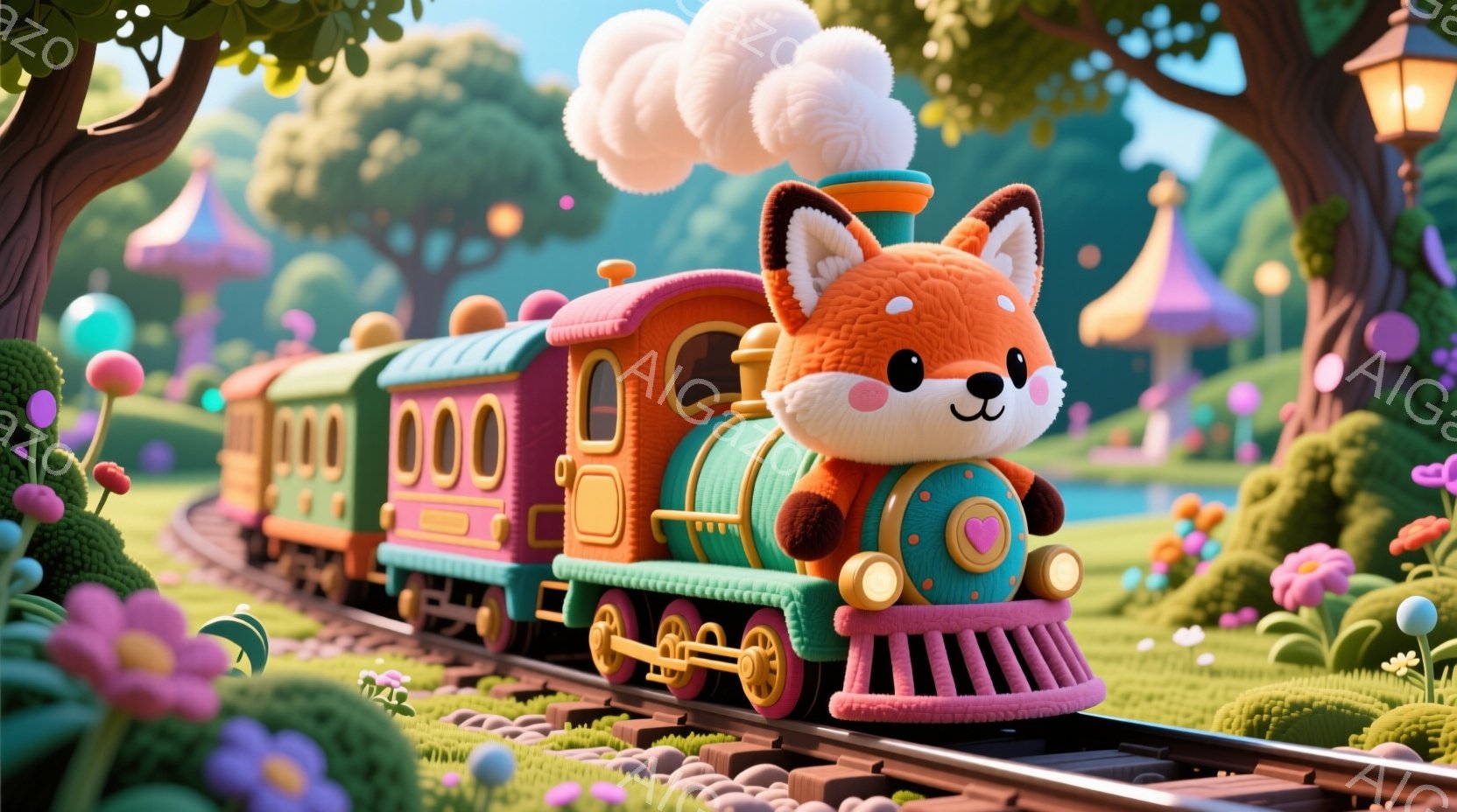 鮮やかな色彩で彩られた線路を、可愛らしいキツネの形をした列車が走っている。列車はピンク、緑、オレンジ、紫のカラフルな色をしており、先頭のキツネの車両は愛らしい笑顔を浮かべている。背景には、パステルカラ - AI生成フリー素材