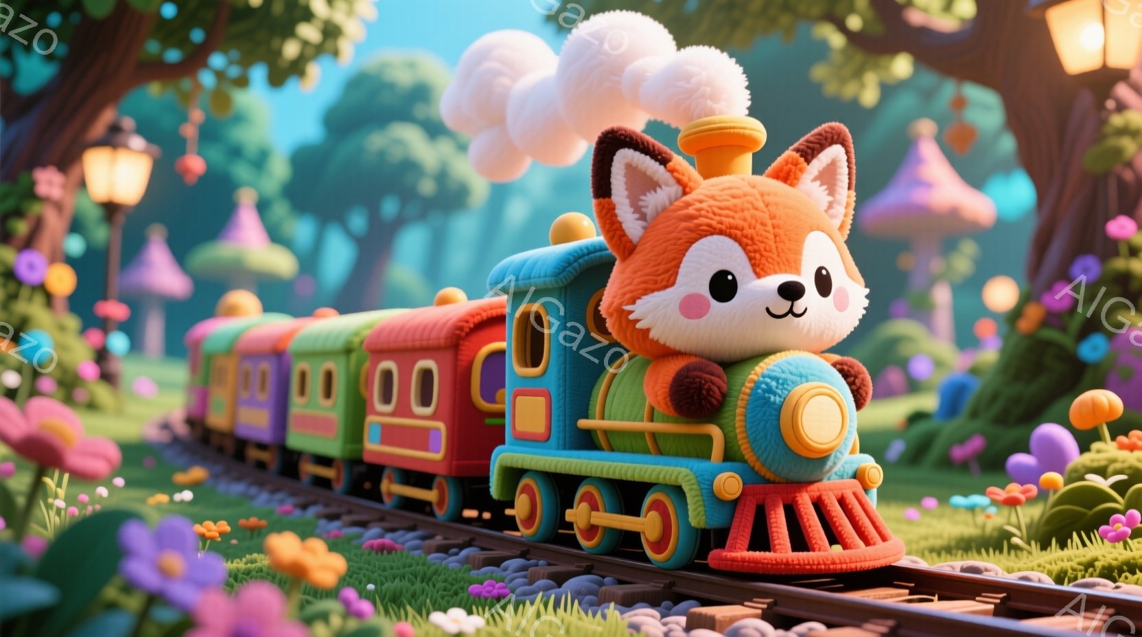 カラフルな列車が、緑豊かな草原の線路を走っている。列車の先頭車両はキツネをモチーフにしており、丸い顔と愛らしい表情をしている。背景には、色とりどりの花々や、傘のような形をした不思議な木々が生い茂り、フ - AI生成フリー素材