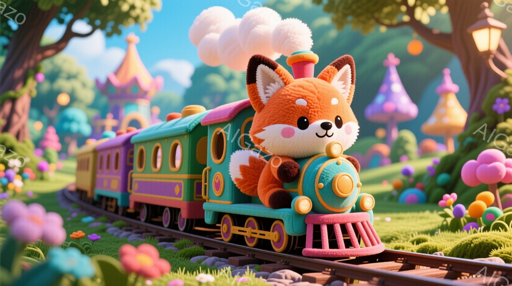 キツネが運転するカラフルな列車が、鮮やかなピンク、緑、紫色の背景を疾走している。列車は可愛らしいデザインで、キツネは運転席から笑顔で手を振っている。背景には、おとぎ話のような城や、カラフルなキノコが咲 - AI生成フリー素材