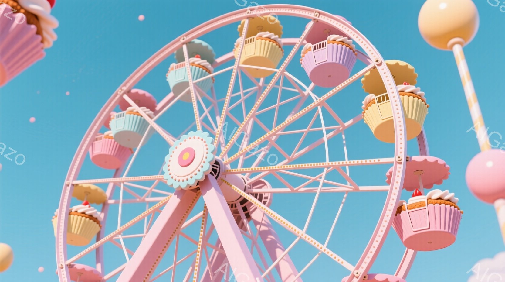 明るい青空を背景に、カップケーキがゴンドラになっている観覧車が描かれています。観覧車はパステルピンクと水色を基調とした可愛らしい色合いで、全体的に甘くて夢幻的な雰囲気を醸し出しています。背景にはキャン - AI生成フリー素材