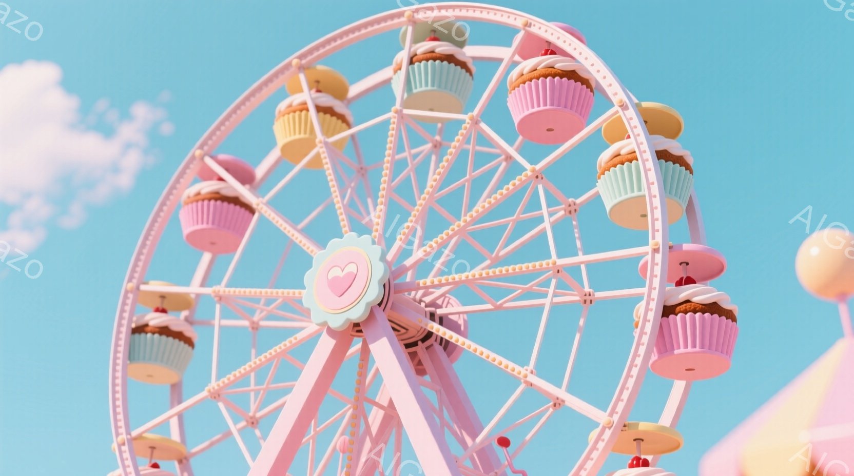 パステルピンクの観覧車が、明るい青空を背景に描かれています。各ゴンドラは、可愛らしいカップケーキやマカロンで装飾されており、夢のような雰囲気を醸し出しています。全体的に甘く、遊び心のある、まるでデザートのような世界観です。