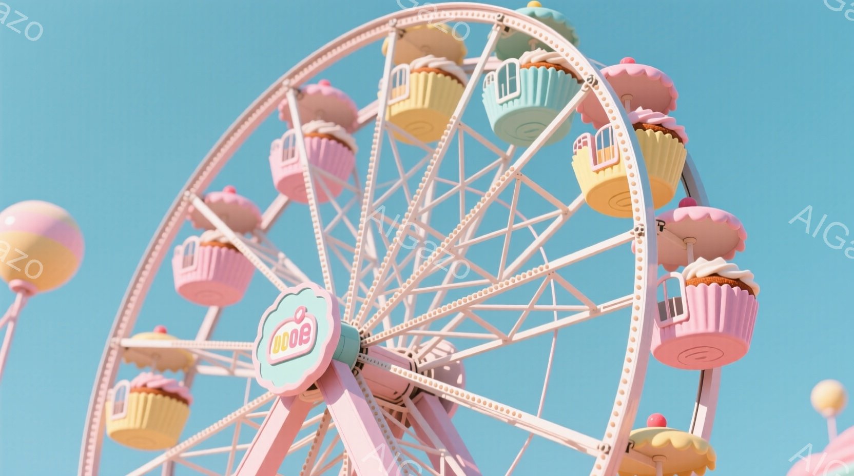 見上げるような角度から、可愛らしい観覧車が描かれている。各ゴンドラはカラフルなカップケーキの形をしており、ピンク、水色、黄色など、パステルカラーで統一されている。背景は晴れた空の青色で、全体的に甘くて夢のような、遊び心あふれる雰囲気である。