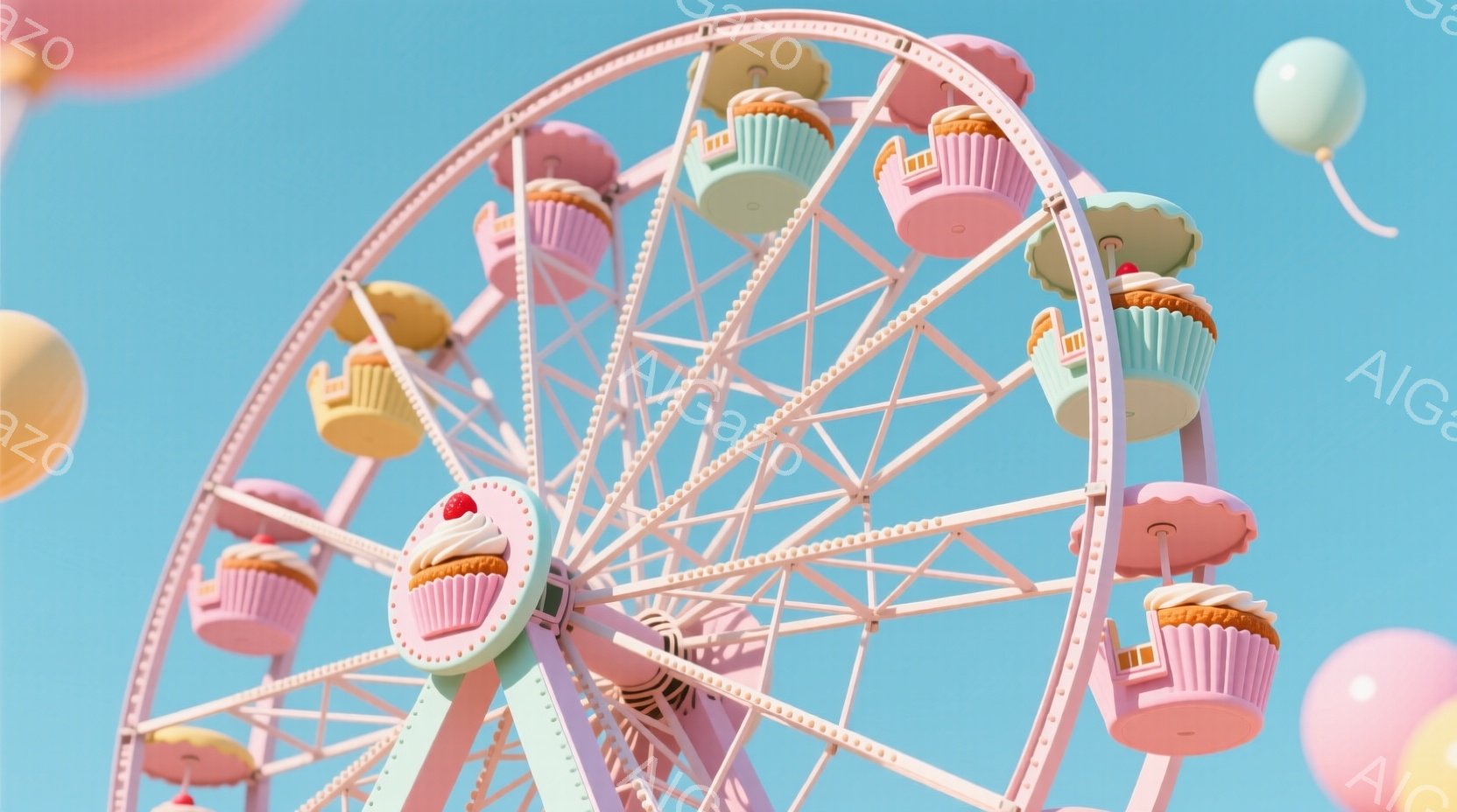 明るい青空を背景に、可愛らしいカップケーキがゴンドラになっている観覧車が描かれています。パステルカラーのピンク、ミントグリーン、黄色、薄紫色のカップケーキはクリームとトッピングが施され、まるで夢のよう - AI生成フリー素材
