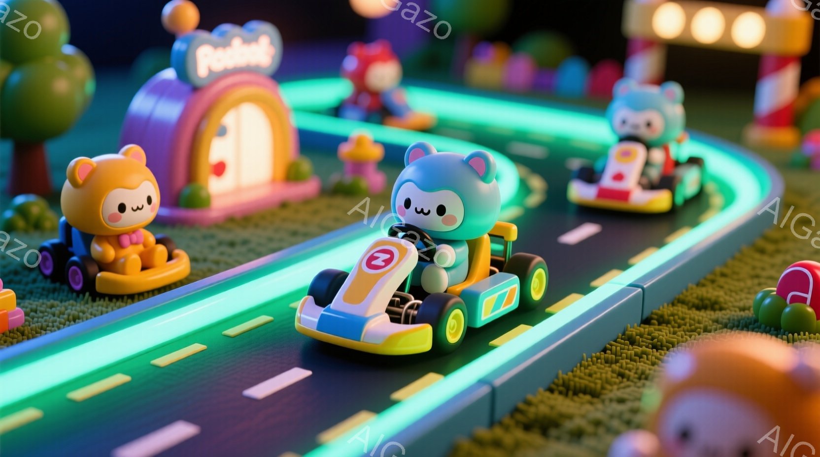 カラフルなカートがコースを走行している様子が描かれています。カートはそれぞれオレンジ、ターコイズブルー、ピンク色で、可愛らしい動物のキャラクターが運転しています。背景には緑の芝生、カラフルなブロック、 - AI生成フリー素材