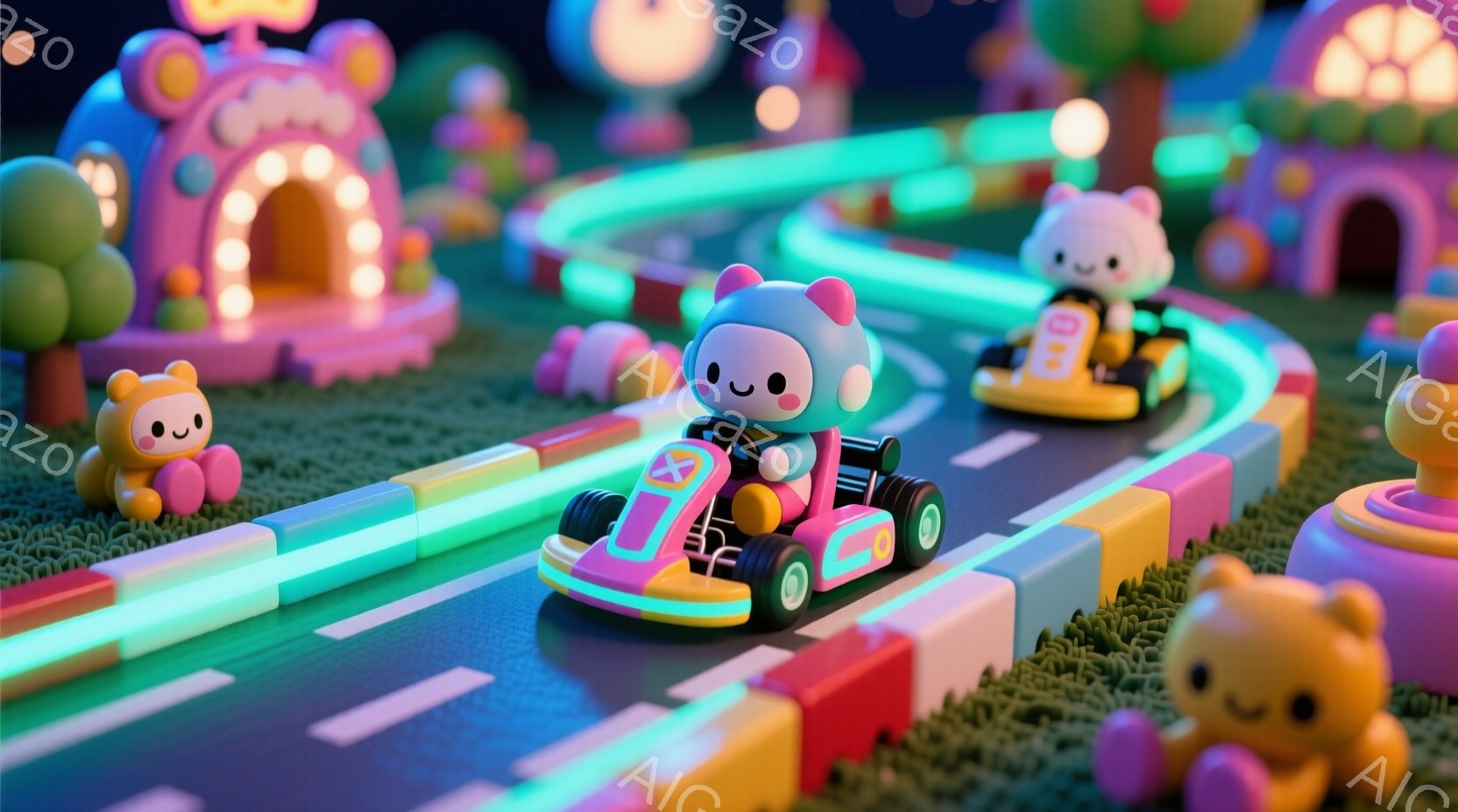 カラフルなカートがコースを疾走している様子が描かれています。カートはそれぞれピンクとオレンジ色で、かわいい動物のキャラクターが運転しています。背景にはパステルカラーの建物や緑の芝生があり、夜空の下、夢のような雰囲気を醸し出しています。
