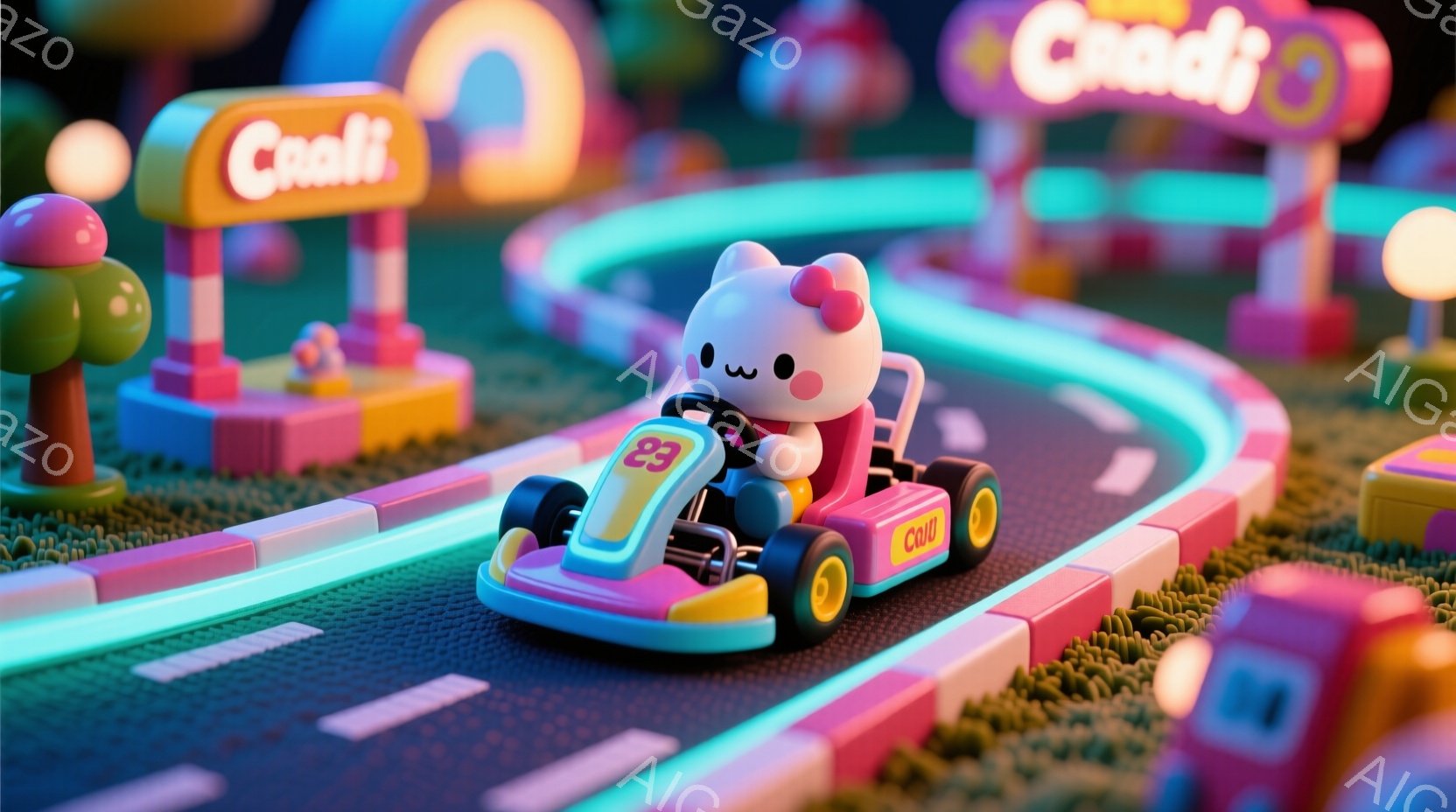 明るいピンクと紫のカートコースを、可愛らしいキャラクターが運転するカートが疾走している。キャラクターはピンクのオーバーオールを着ており、つぶらな瞳と微笑みが印象的だ。背景には、カラフルな建物や緑の芝生があり、お菓子の国のような夢のような雰囲気を醸し出している。