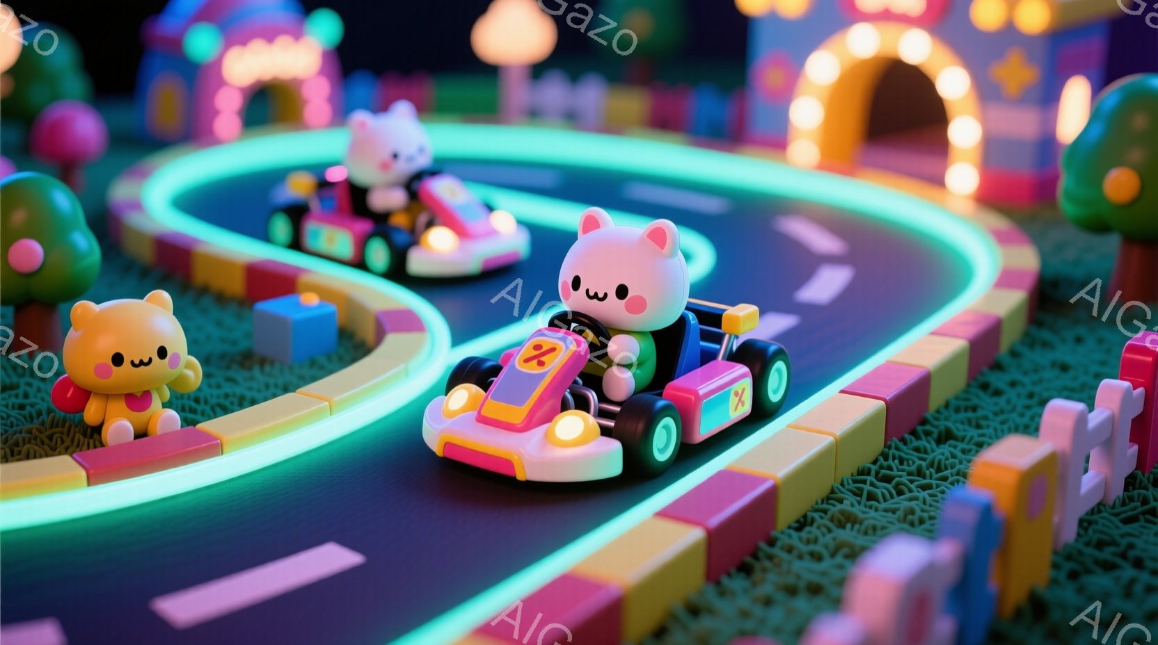 明るい色のカートが、緑色の芝生のようなコースを走行している様子が描かれています。カートはそれぞれ異なる色をしており、運転手は可愛らしい動物のキャラクターで、ピンク色のカートの運転手は黒いヘッドバンドを付けています。背景にはカラフルなブロックで作られた建物や装飾が並び、ファンタジーで遊び心のある雰囲気を醸し出しています。