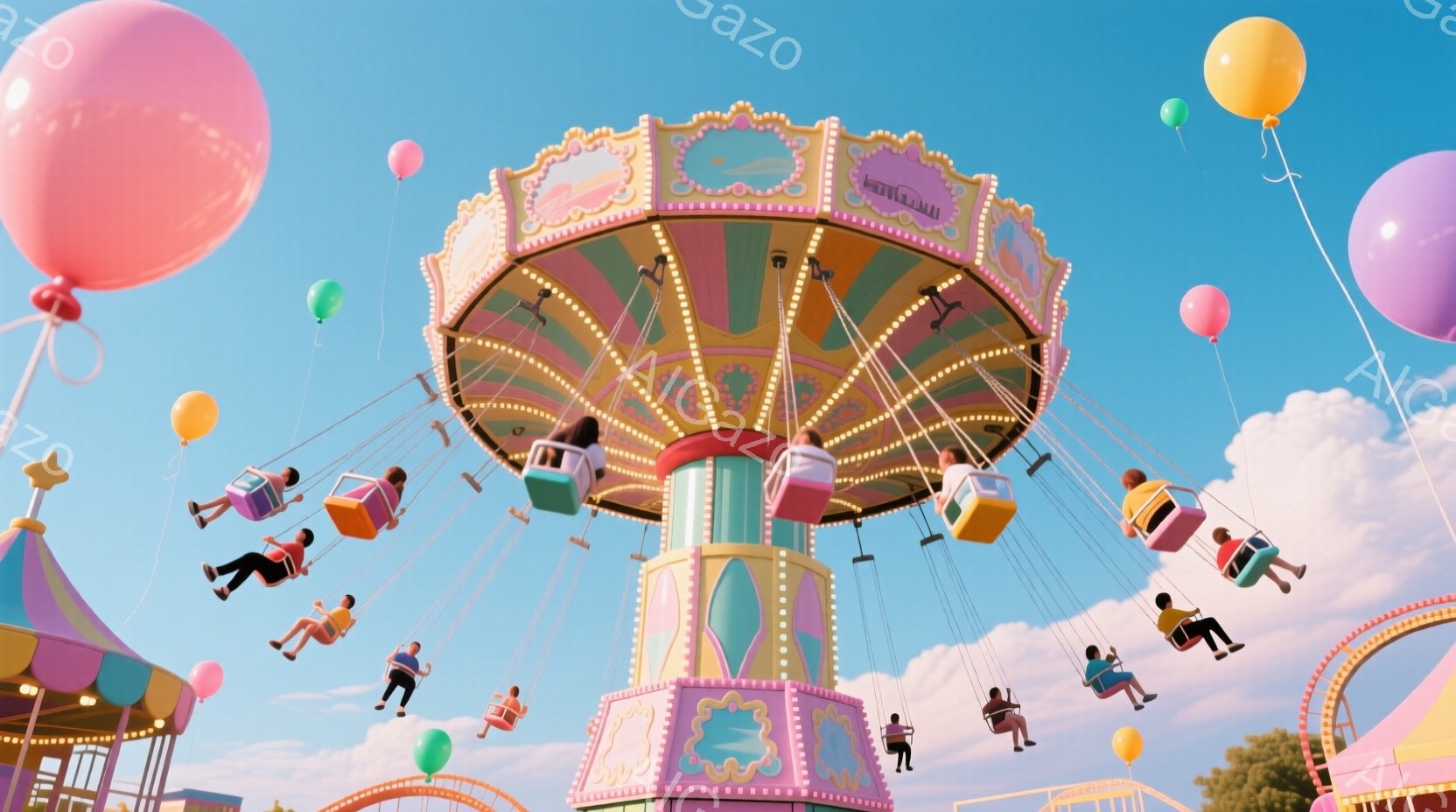 遊園地の回転乗り物に乗っている人々の様子が写っています。人々は様々な色の座席に座り、楽しそうに空を舞っています。背景には、パステルカラーの雲が広がり、カラフルな遊園地の建物が見え、明るく陽気な雰囲気が漂っています。