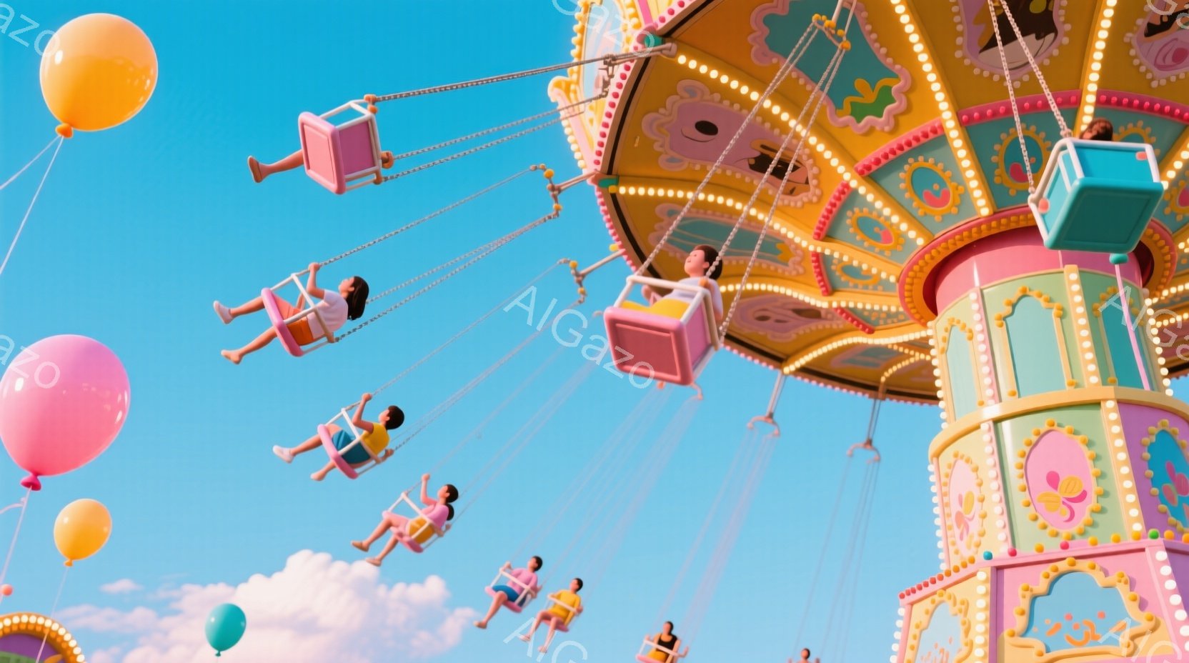 明るい青空の下、遊園地の観覧車のような乗り物が写っている。カラフルな装飾が施された座席には、Tシャツと短パン姿の人々が座り、空を向いて楽しんでいる様子が伺える。背景には、ふわふわとした雲と、数個のカラ - AI生成フリー素材